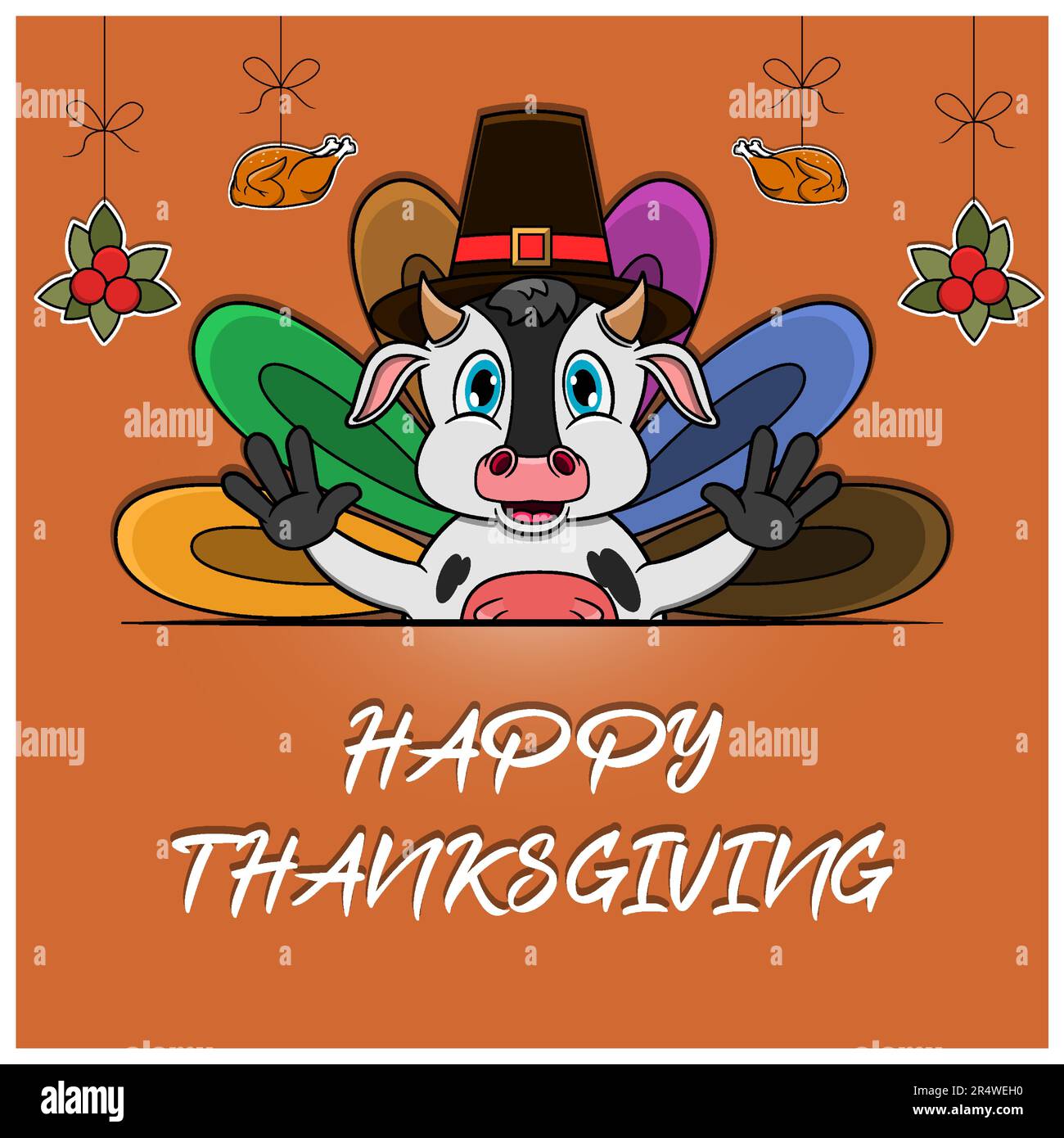 Felice biglietto di auguri per il Ringraziamento, poster o volantino Celebration Design con personaggio Cow. Vettore e illustrazione. Illustrazione Vettoriale
