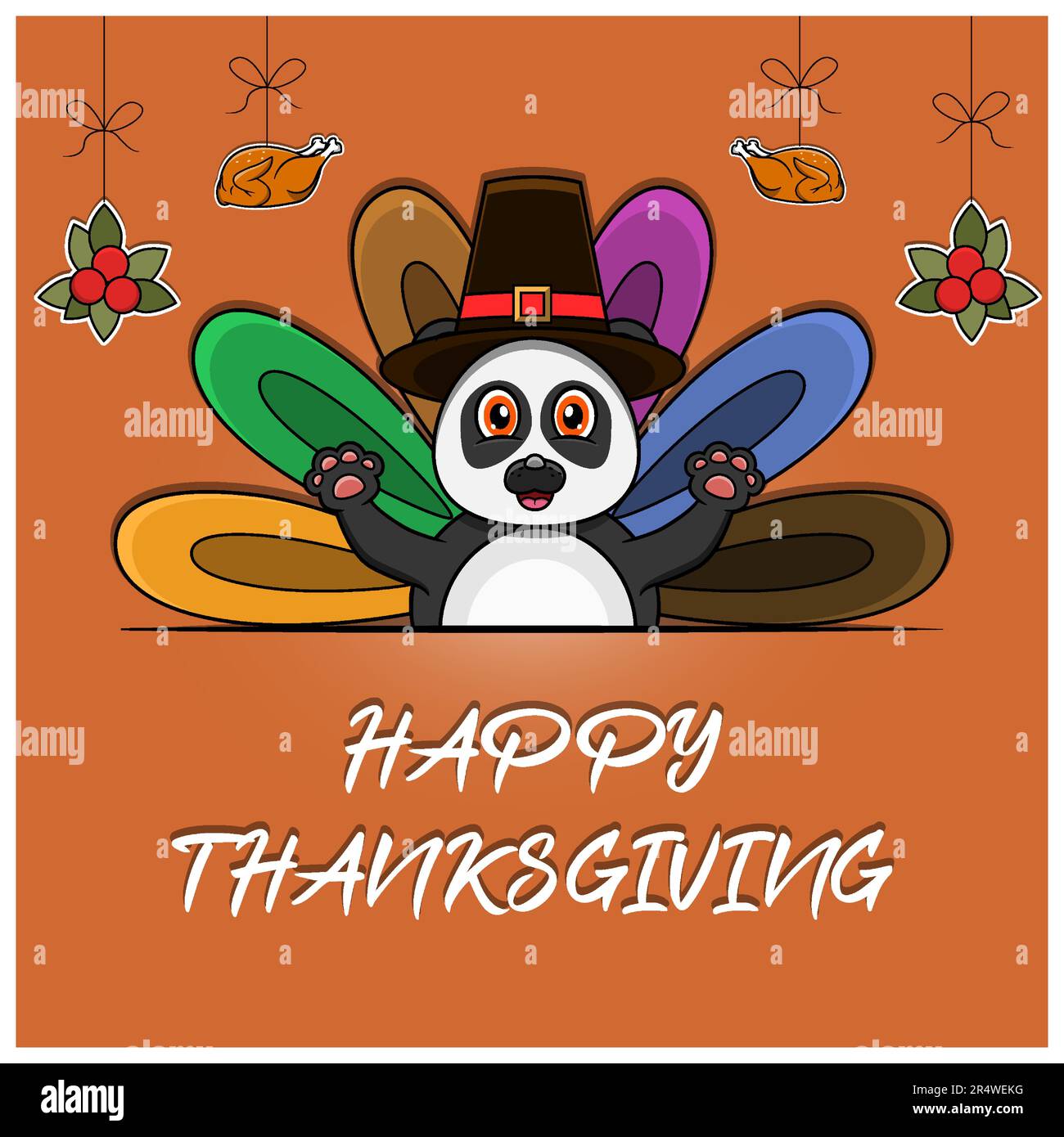 Felice biglietto di auguri per il Ringraziamento, poster o volantino Celebration Design con carattere Panda. Vettore e illustrazione. Illustrazione Vettoriale