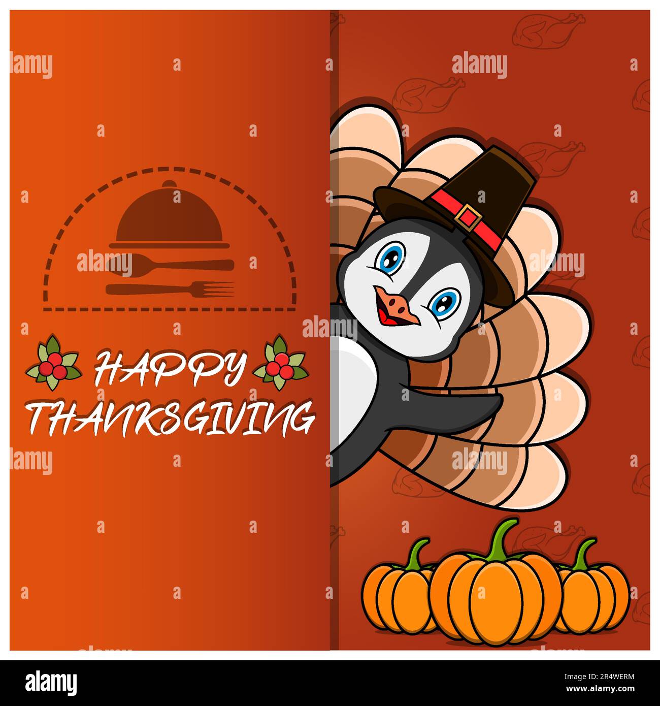 Scheda di ringraziamento con disegno del carattere del pinguino. Felice Ringraziamento. Perfetto per biglietti d'auguri, poster o Flyer Celebration Design. Rapporto di illustrazione del vettore Illustrazione Vettoriale