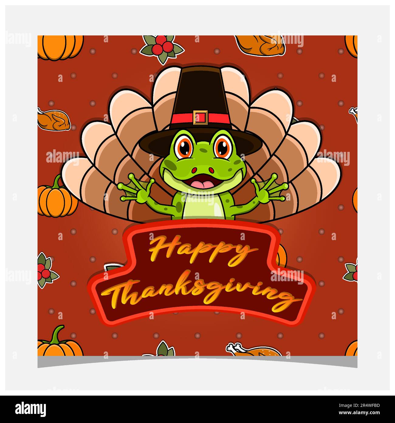 Felice carta del giorno del Ringraziamento con il disegno carino della rana. Biglietto d'auguri, poster, volantino e invito. Vettore e illustrazione. Illustrazione Vettoriale