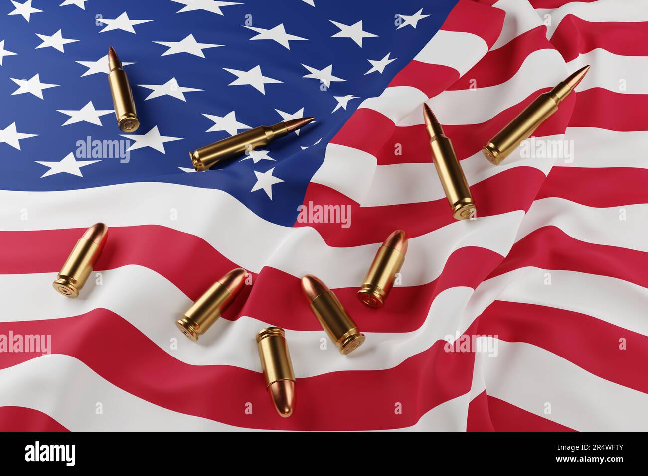 Pallottole d'oro 9mm e 7,62x51mm sparse sulla bandiera nazionale degli Stati Uniti. Illustrazione del concetto di politica americana di controllo delle armi Foto Stock