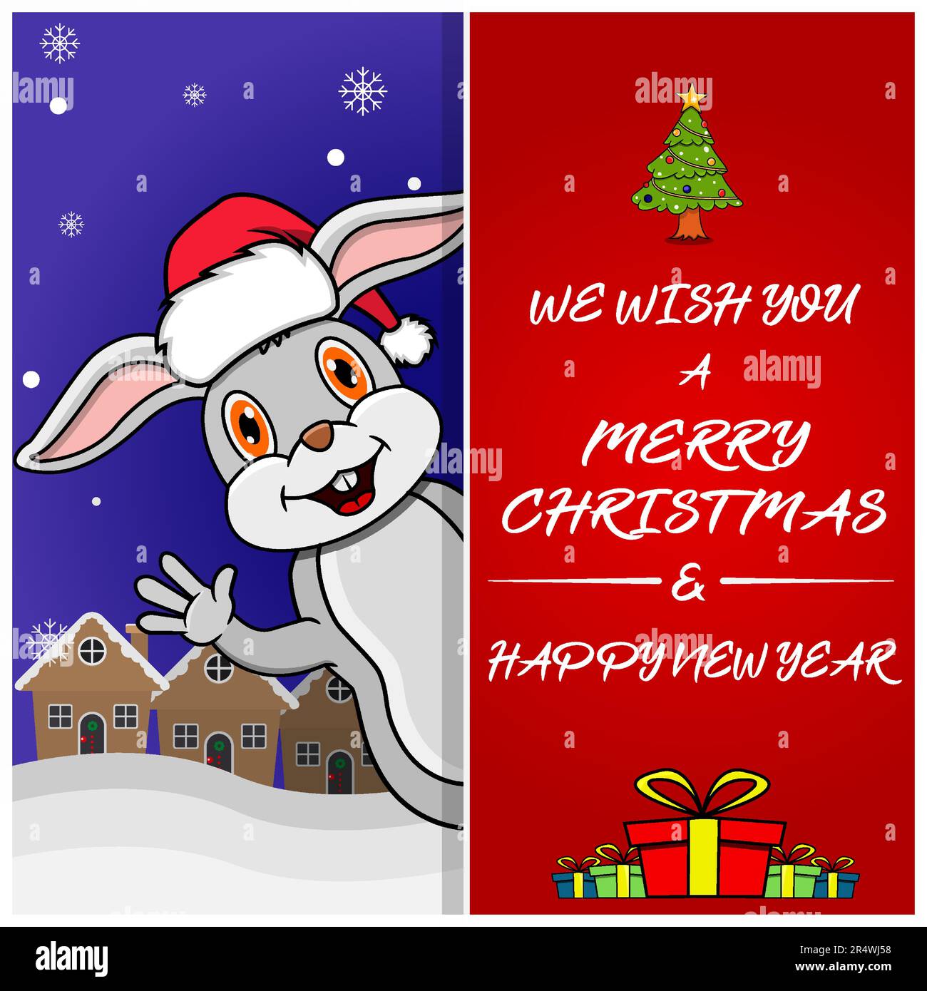 Buon biglietto di auguri di Natale, volantino, invito e poster. Carino coniglio personaggio Design indossare cappello. Vettore e illustrazione. Illustrazione Vettoriale