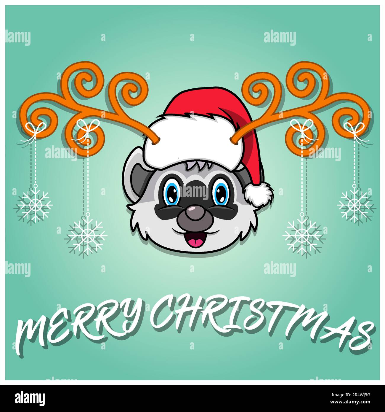 Carino Raccoon Head Cartoon Christmass Card. Cappello e Natale divertente. Vettore e illustrazione. Illustrazione Vettoriale