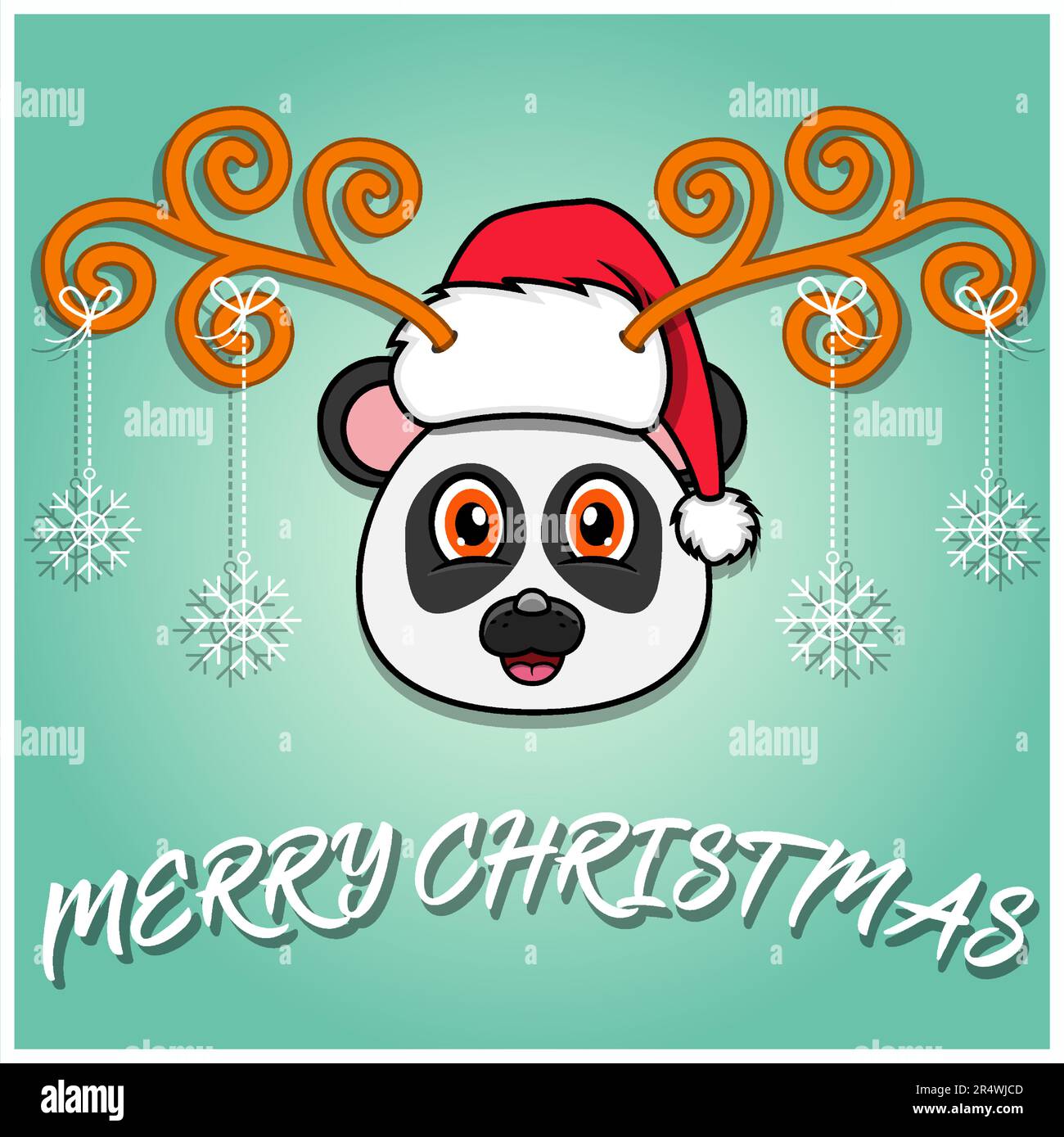 Carino Panda Head Cartoon carta di Natale. Cappello e Natale divertente. Vettore e illustrazione. Illustrazione Vettoriale