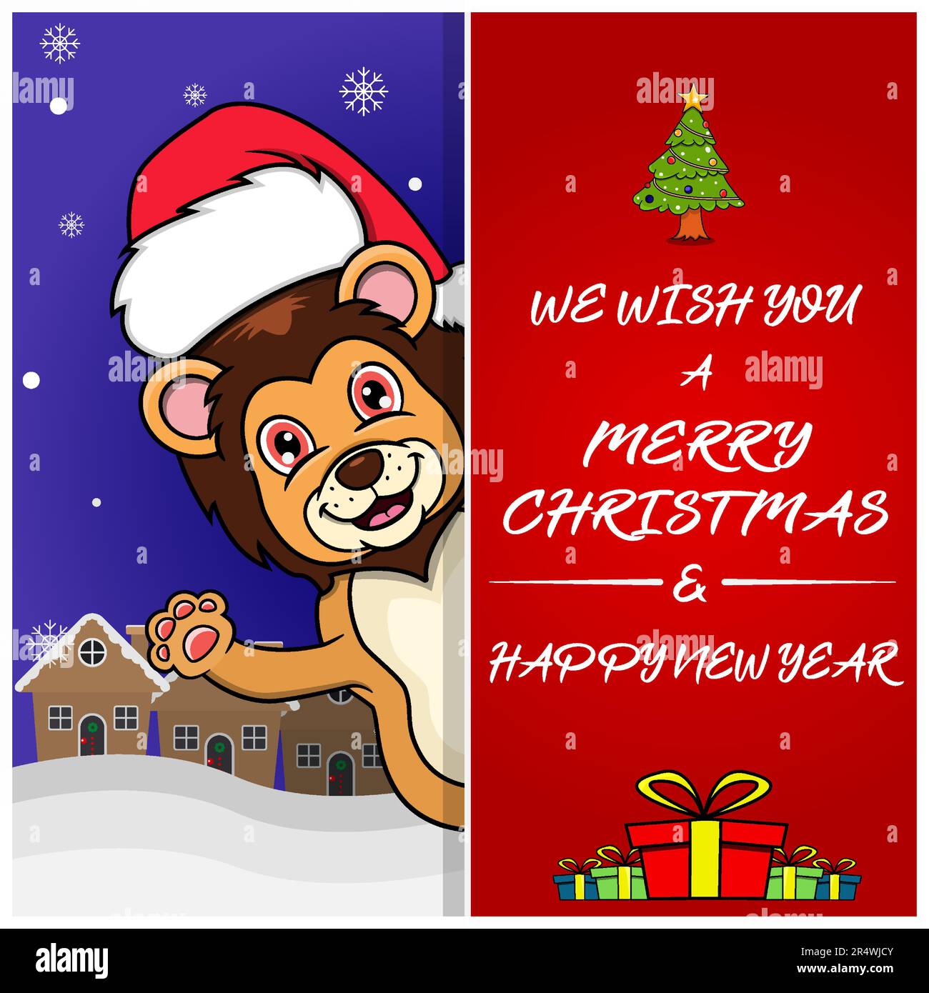 Buon biglietto di auguri di Natale, volantino, invito e poster. Carino Lion Character Design con cappello. Vettore e illustrazione. Illustrazione Vettoriale