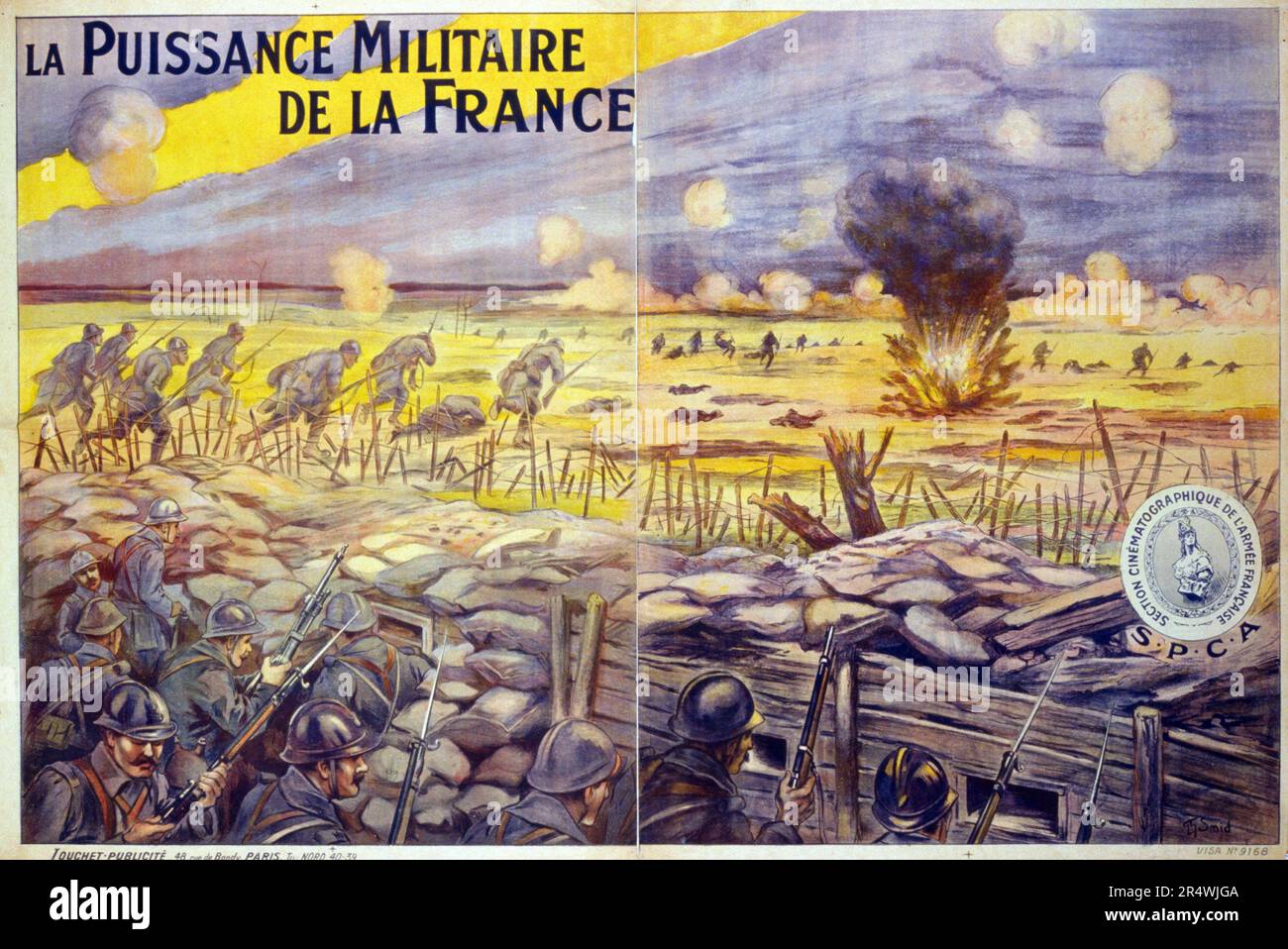 La potenza militare della Francia. La sezione cinematografica dell'esercito francese. In primo piano sono soldati francesi nelle trincee. Lo sfondo raffigura scene del campo di battaglia e il nemico trincee. Foto Stock