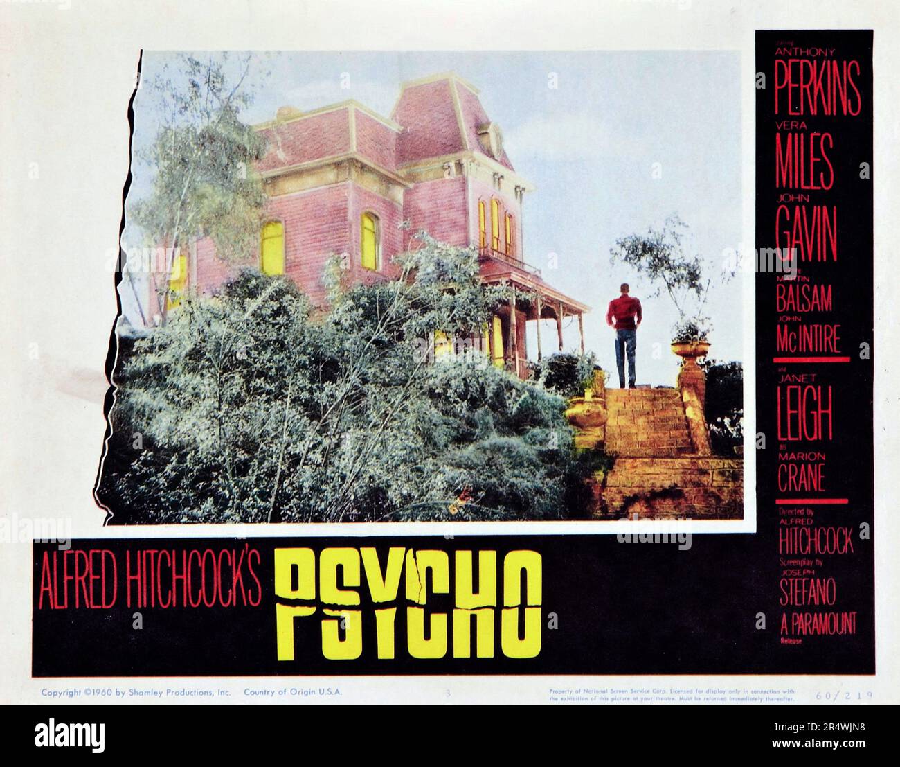 Psycho è un 1960 American horror-thriller film diretto da Alfred Hitchcock starring Anthony Perkins, Vera miglia e Janet Leigh. Con la sceneggiatura di Joseph Stefano basata sul romanzo 1959 dello stesso nome da Robert Bloch liberamente ispirata ai crimini di Wisconsin assassino e tomba rapinatore ed Gein. Foto Stock