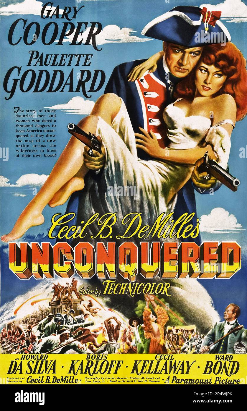 Invitto è un 1947 avventura film prodotto e diretto da Cecil B. DeMille e interpretato da Gary Cooper e Paulette Goddard. Il film descrive le violente lotte tra i coloni americani e Nativi Americani sulla frontiera occidentale a metà del XVIII secolo, durante il tempo della Pontiac la ribellione, principalmente attorno a Fort Pitt (moderno-giorno Pittsburgh). Foto Stock
