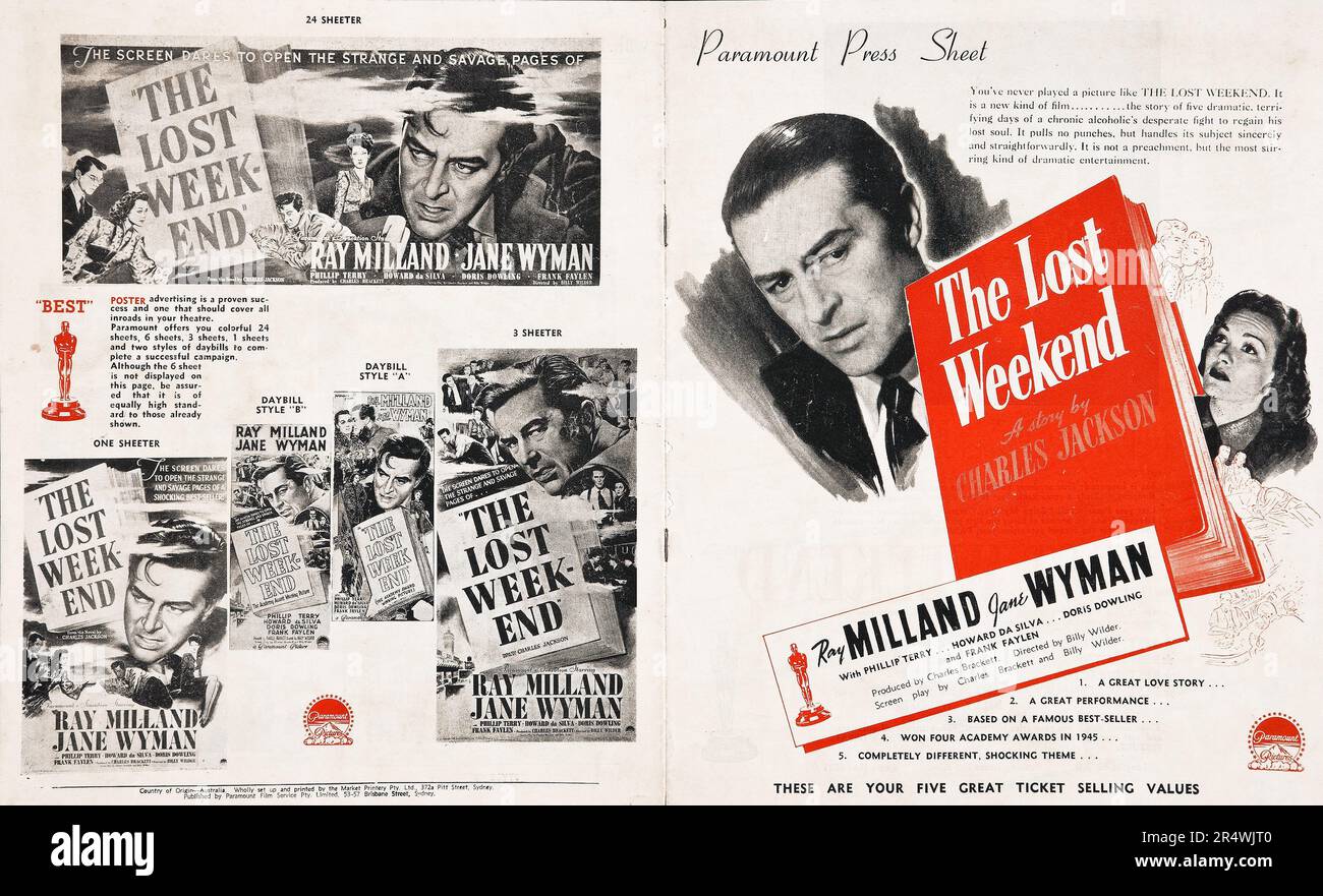 Il perso il weekend è un 1945 American film di fiction con protagonista Ray Milland e Jane Wyman. Diretto da Billy Wilder e basato su Charles Jackson del romanzo dello stesso nome che racconta la storia di un scrittore alcolica. Il film appare sul National Film Registry della Biblioteca del Congresso. Foto Stock