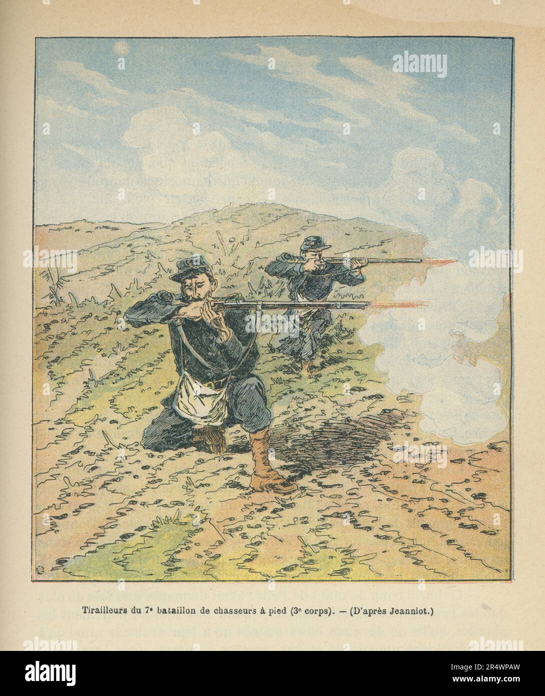 Tirailleurs del 7th Battaglione di fanteria di linea (3rd corpi). Illustrazione pubblicata nel libro 'Francese et Allemands, histoire anecdotique de la guerre de 1870-1871', scritto da Dick de Lonlay e pubblicato da Garnier Frères Editeurs nel 1891. Foto Stock