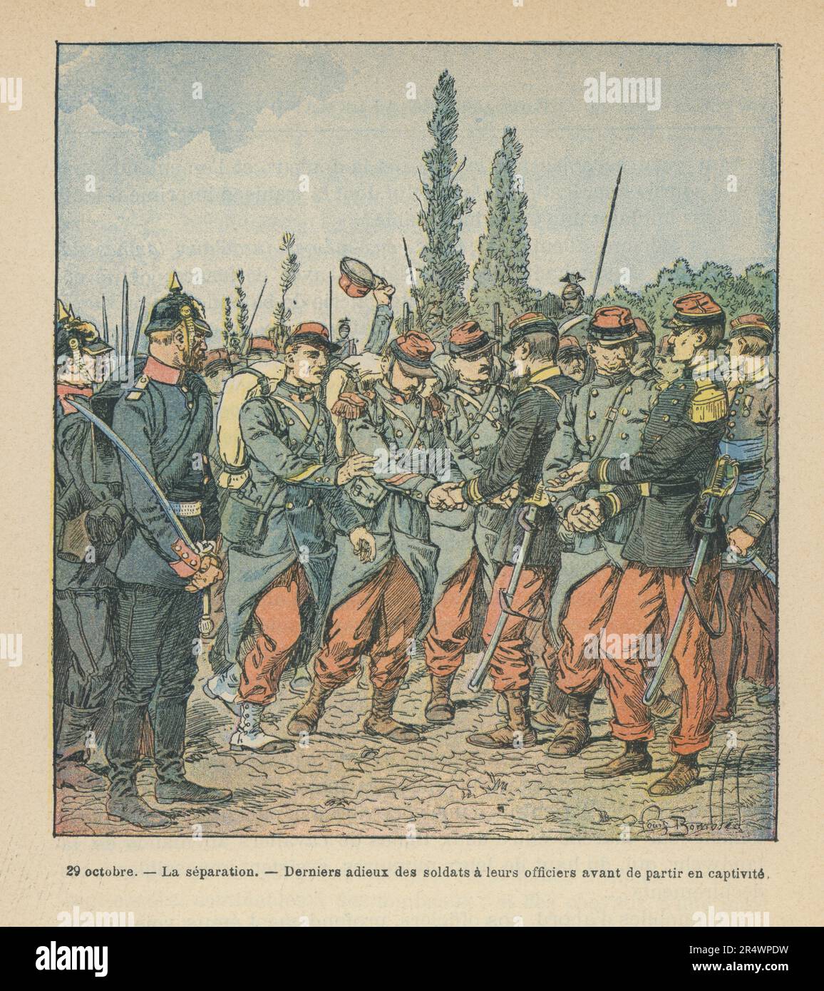 29 ottobre 1870: Ultimo congedo dei soldati francesi ai loro ufficiali prima di partire per la prigionia. Illustrazione pubblicata nel libro 'Francese et Allemands, histoire anecdotique de la guerre de 1870-1871', scritto da Dick de Lonlay e pubblicato da Garnier Frères Editeurs nel 1891. Foto Stock