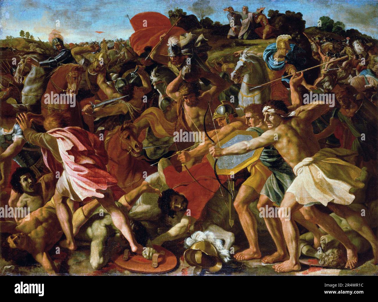 La vittoria di Giosuè sugli Amaleciti, 1624-1625. Olio su tela. Nicolas Poussin (1594-1665) pittore classico francese. Battaglia Cavalleria Archer Bow Arrow Spear Melee confusione religione Giudeo-cristiana Ebraico Foto Stock