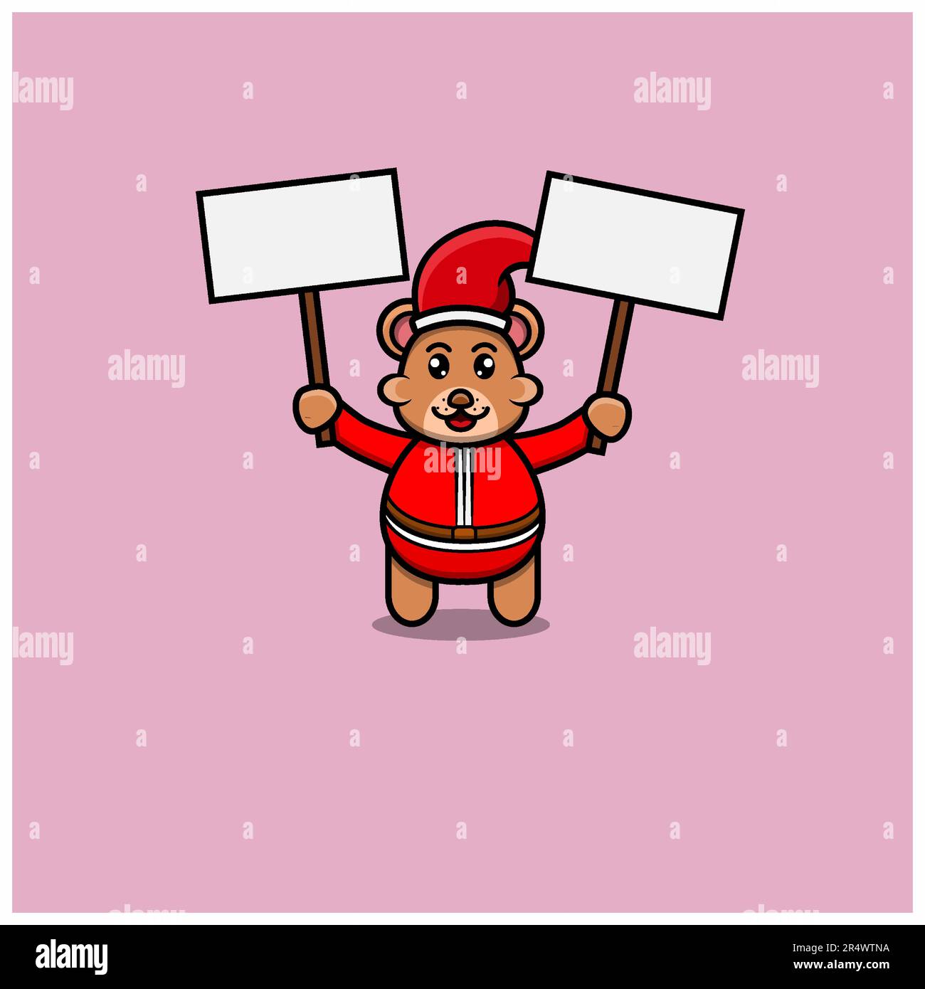 Grazioso orso del bambino con il costume di Babbo Natale e porta due banner. Carattere, Logo, icona, Cartoon e Inspiration Design. Vettore e illustrazione. Illustrazione Vettoriale