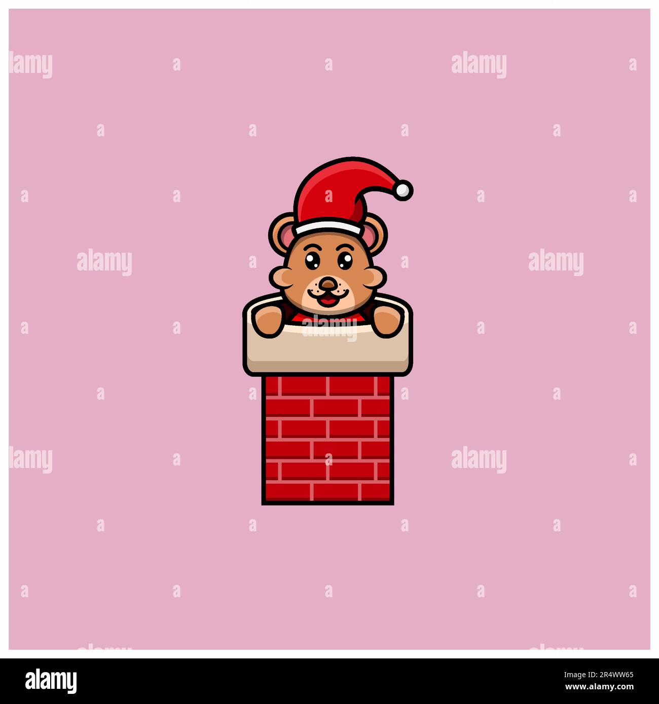 Grazioso orso bambino con il costume di Santa sul camino della casa. Carattere, Logo, icona, Cartoon e Inspiration Design. Vettore e illustrazione. Illustrazione Vettoriale