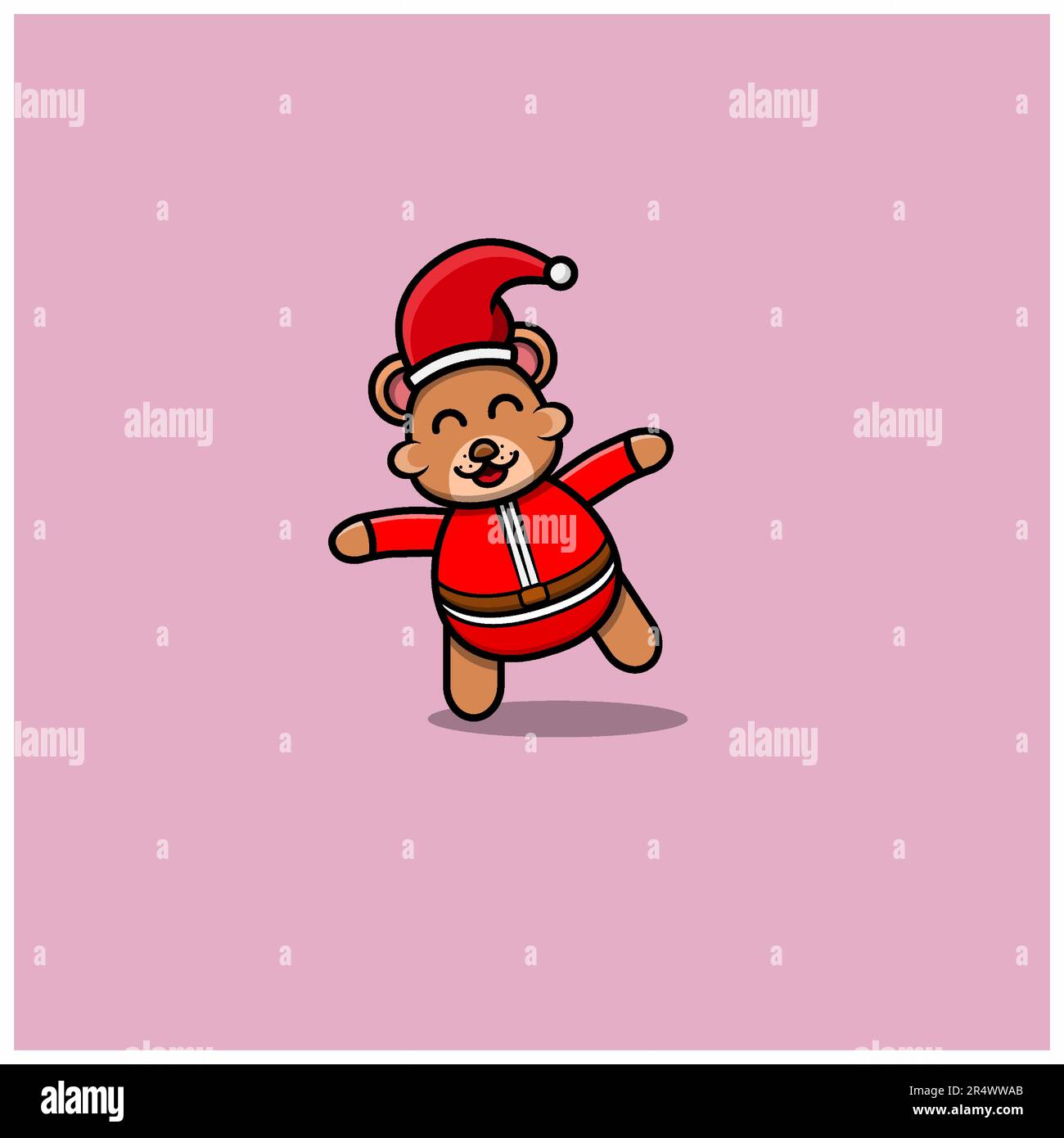 Grazioso orso bambino che indossa il costume di Santa ed emozione felice. Carattere, Logo, icona, Cartoon e Inspiration Design. Vettore e illustrazione. Illustrazione Vettoriale