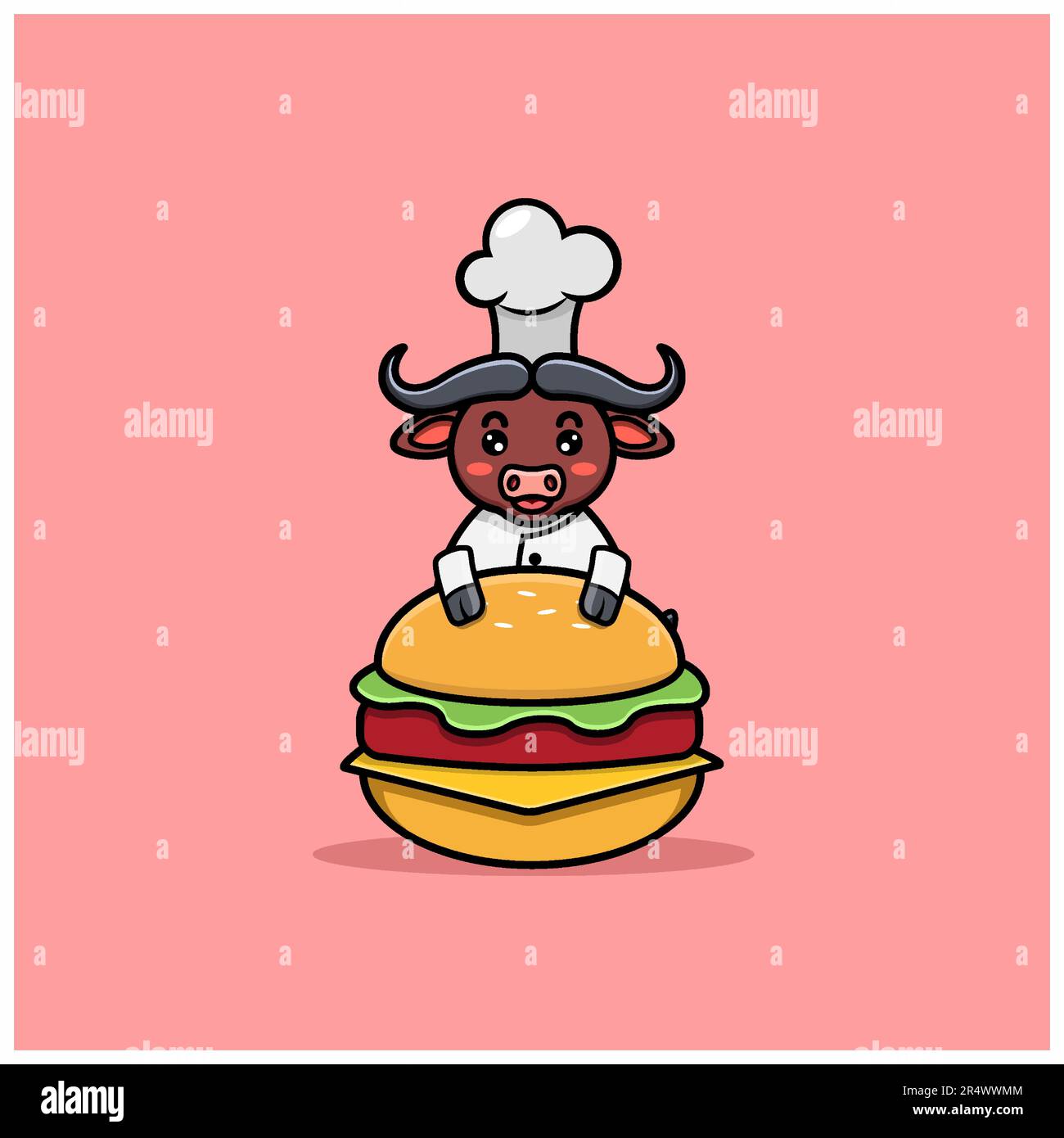 Carino Buffalo con costume Chef e hamburger. Vettore e illustrazione Illustrazione Vettoriale