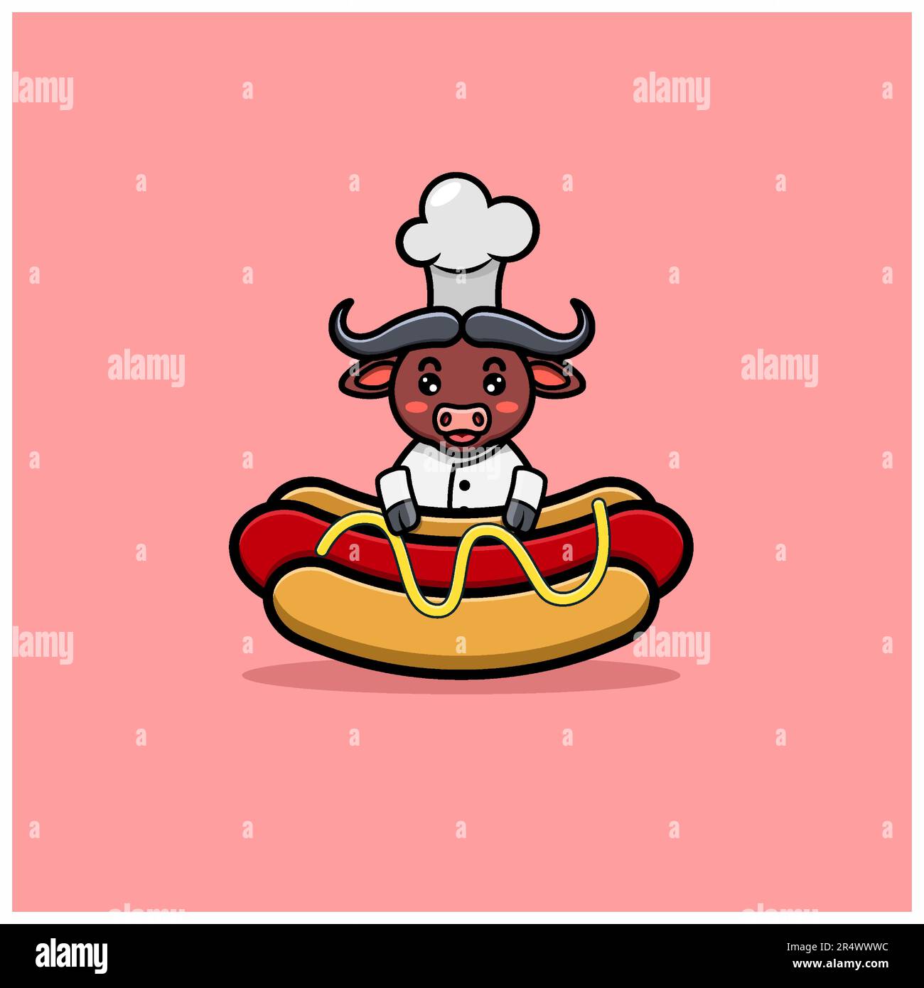 Carino Buffalo con costume da chef e hot dog. Vettore e illustrazione Illustrazione Vettoriale