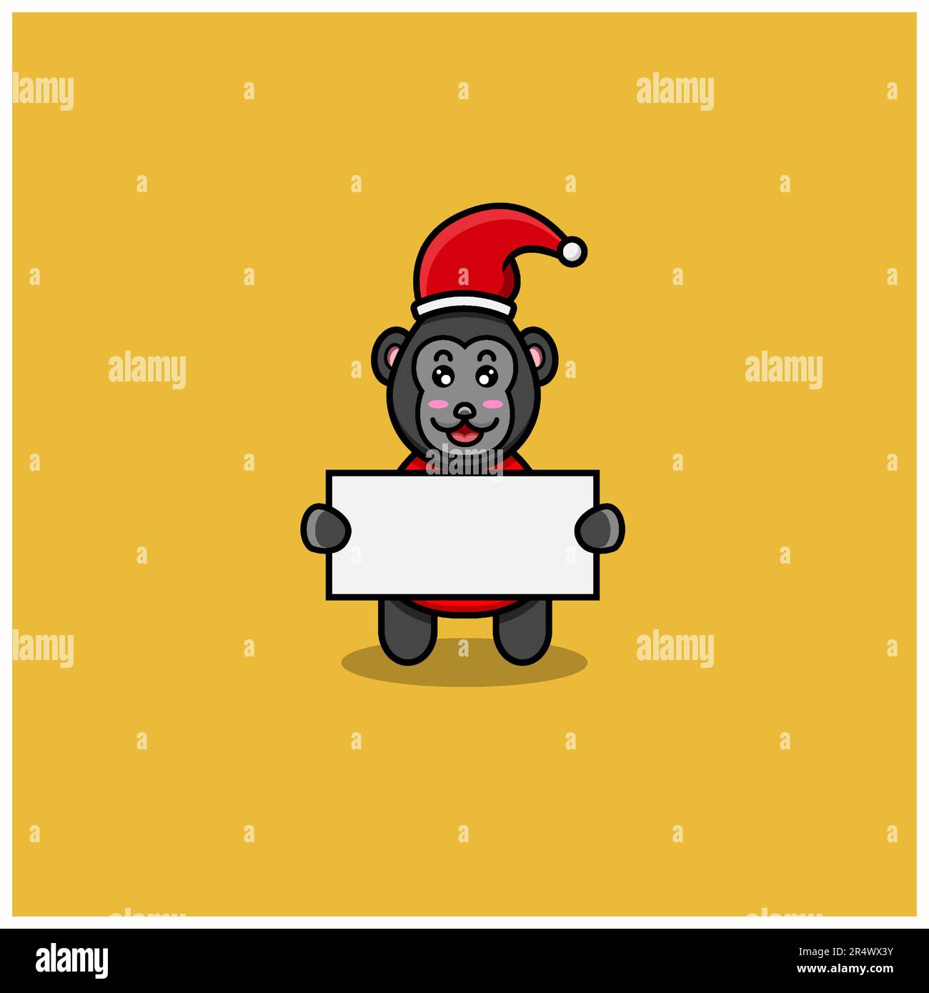 Cute Baby King Kong con costume Santa Clause e portare carta bianca. Personaggio, mascotte, icona, Logo, Cartoon e Cute Design. Vettore e illustrazione. Illustrazione Vettoriale