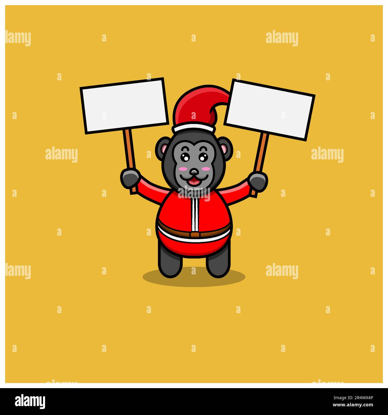 Cute Baby King Kong con costume Santa Clause e portare due Banners in bianco. Personaggio, mascotte, icona, Logo, Cartoon e Cute Design. Vettore e illustrazione Illustrazione Vettoriale