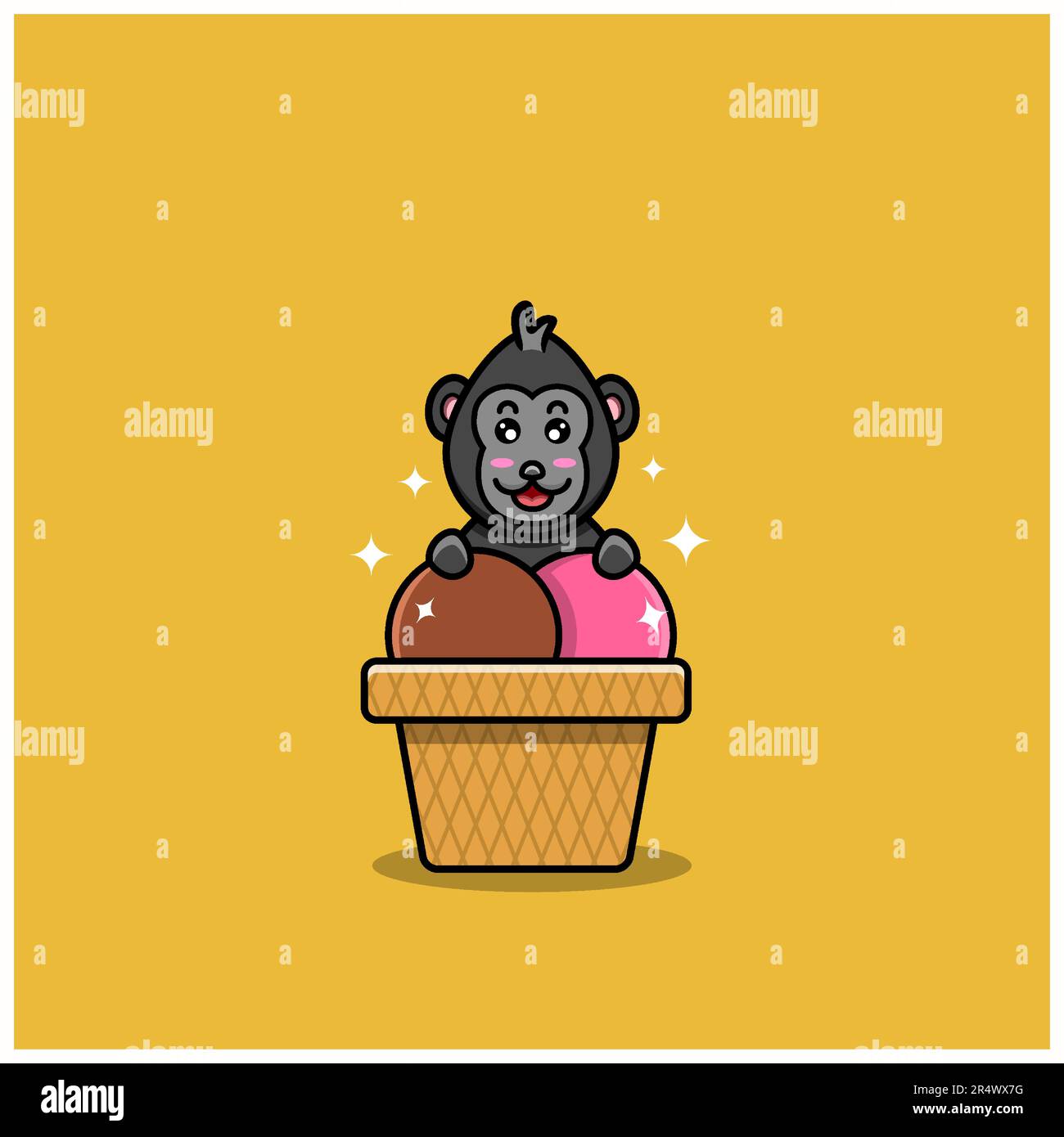 Cute Baby King Kong con gelato. Personaggio, mascotte, icona, Logo, Cartoon e Cute Design. Vettore e illustrazione. Illustrazione Vettoriale