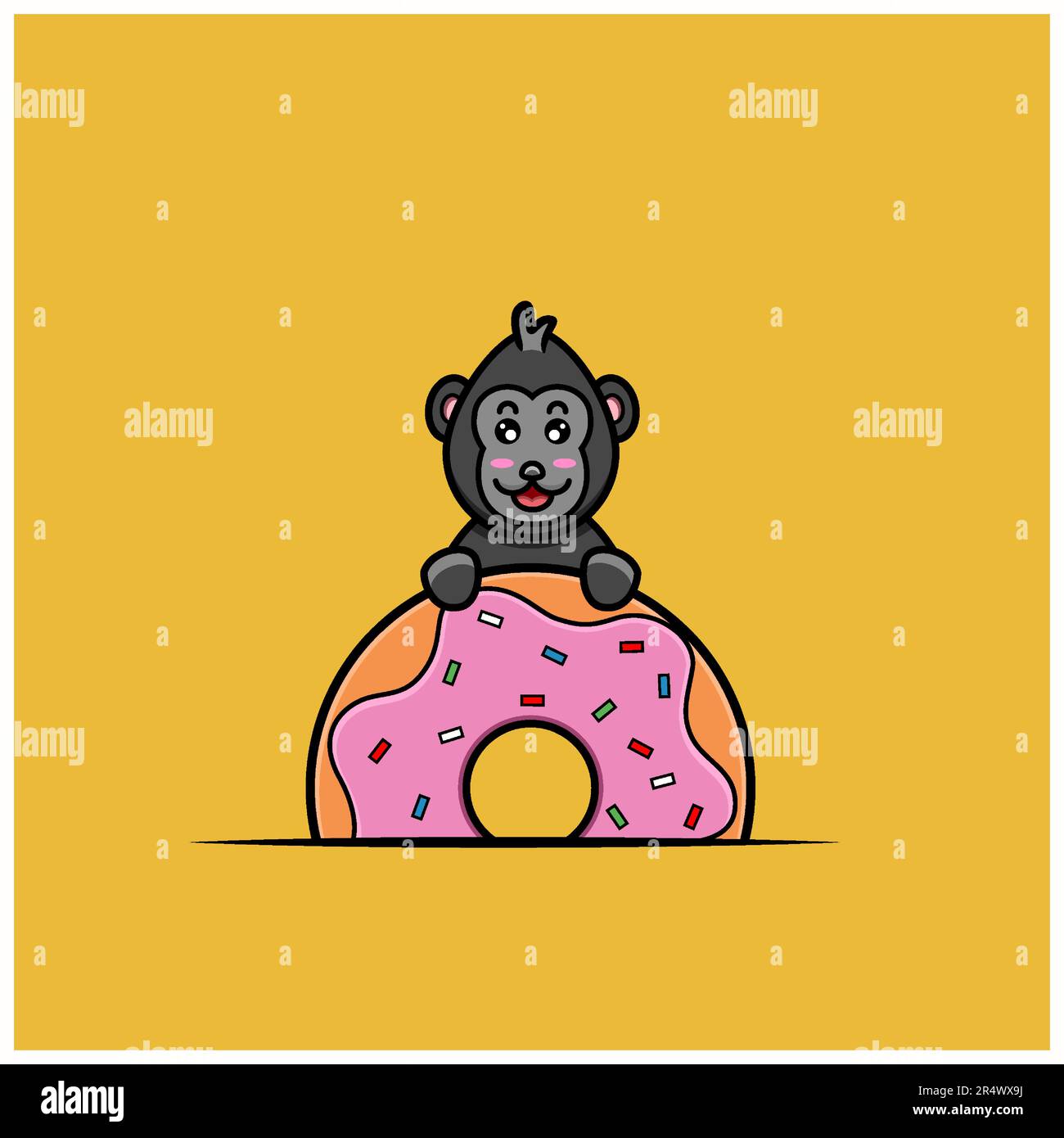 Cute Baby King Kong con ciambelle. Personaggio, mascotte, icona, Logo, Cartoon e Cute Design. Vettore e illustrazione. Illustrazione Vettoriale