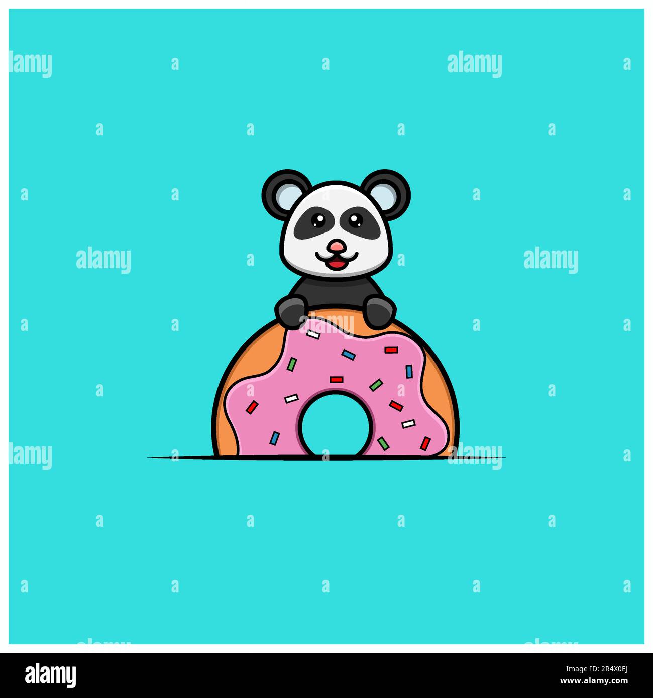 Cute Baby Panda su Big Donut. Carattere, Logo, icona e ispirazione Design. Vettore e illustrazione. Illustrazione Vettoriale