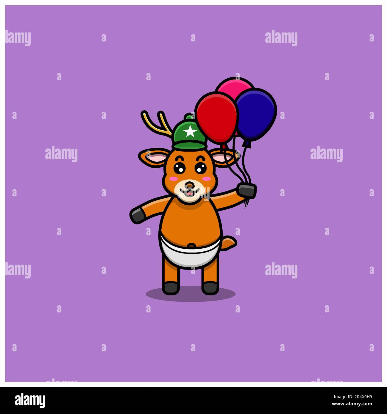 Carino personaggio di cervo bambino portare palloncini. Personaggio, mascotte, icona e Cute Design. Vettore e illustrazione. Illustrazione Vettoriale