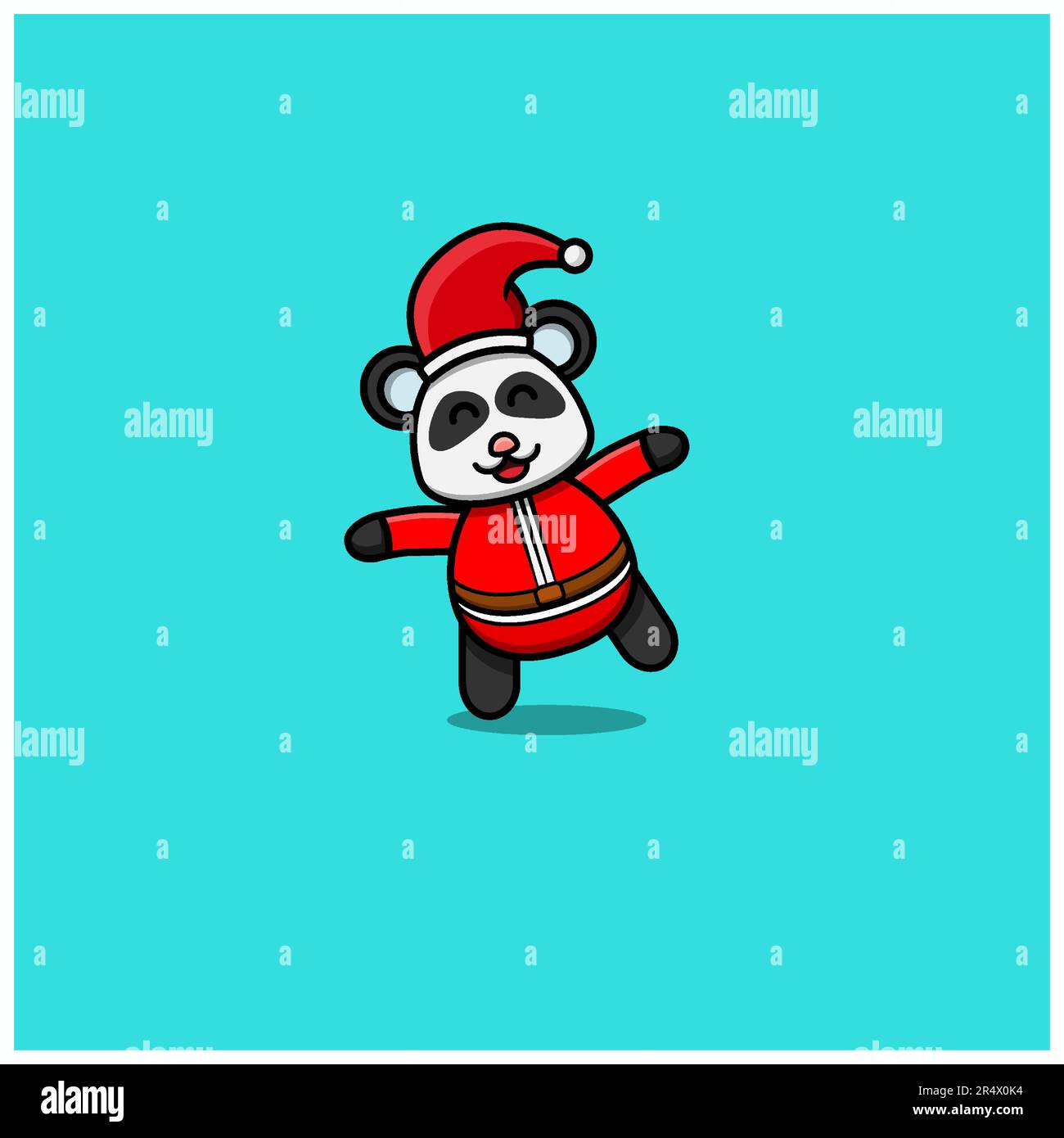 Simpatico panda bambino che indossa il costume di Santa e divertente espressione. Carattere, Logo, icona e ispirazione Design. Vettore e illustrazione. Illustrazione Vettoriale