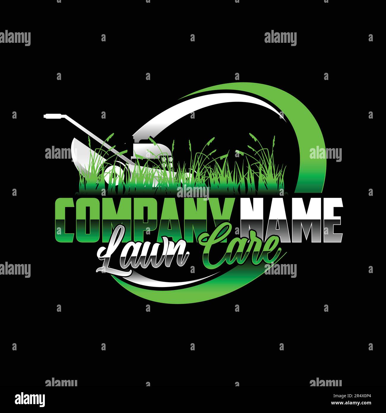 Illustrazione grafica vettoriale della cura del prato, servizi di paesaggio, modello di disegno del logo del concetto di erba Illustrazione Vettoriale