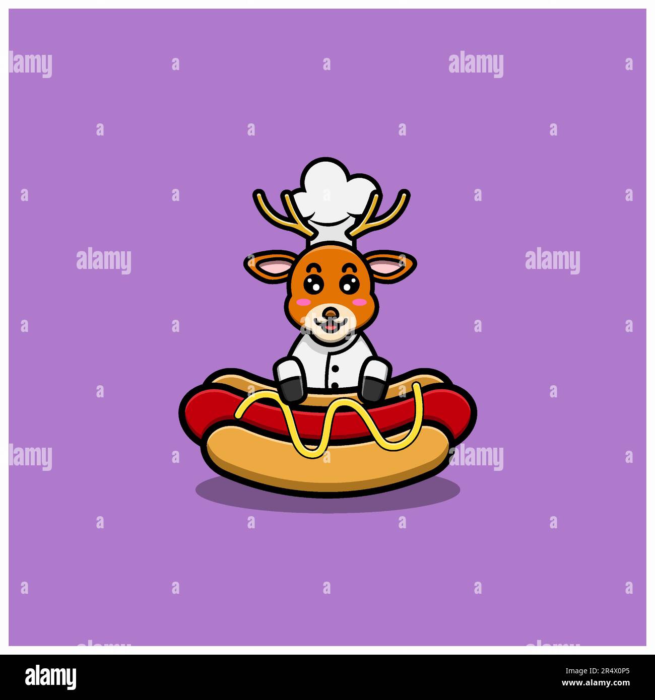 Carino bambino Deer Chef carattere wtih Hotdog. Personaggio, mascotte, icona e Cute Design. Vettore e illustrazione. Illustrazione Vettoriale