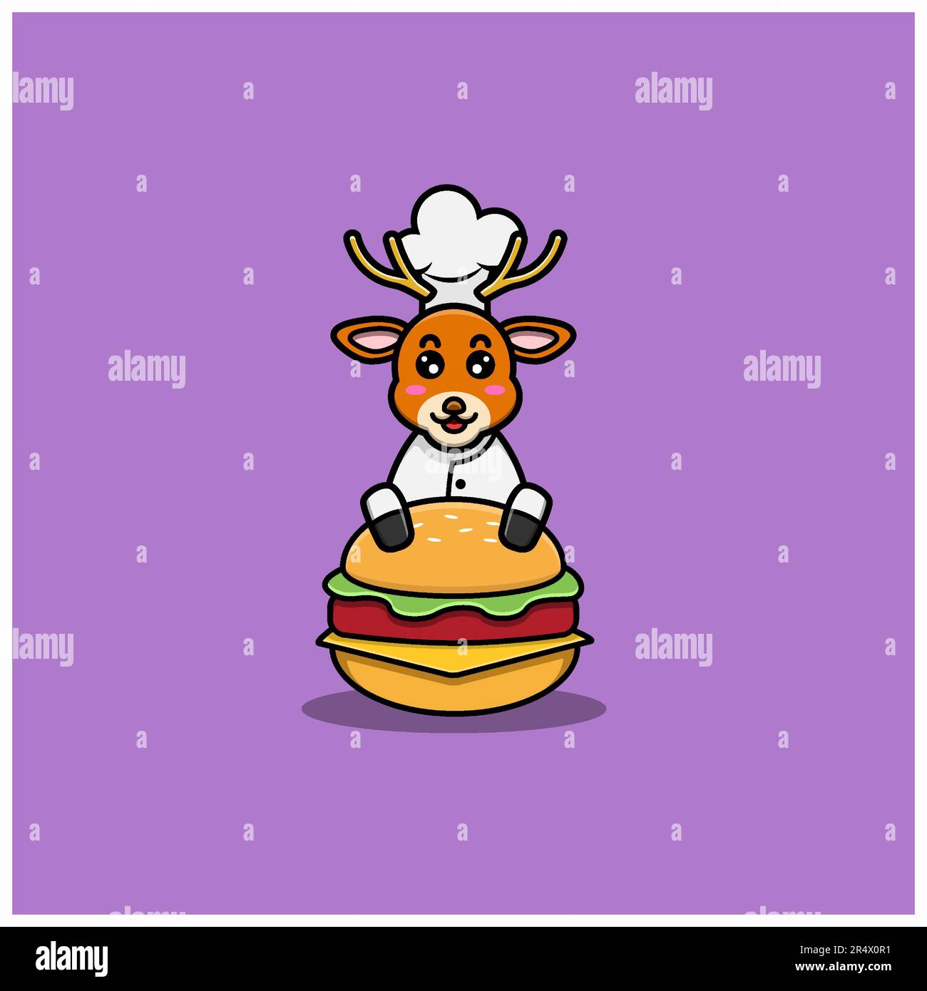 Carino personaggio Chef del piccolo Cervo con hamburger. Personaggio, mascotte, icona e Cute Design. Vettore e illustrazione. Illustrazione Vettoriale