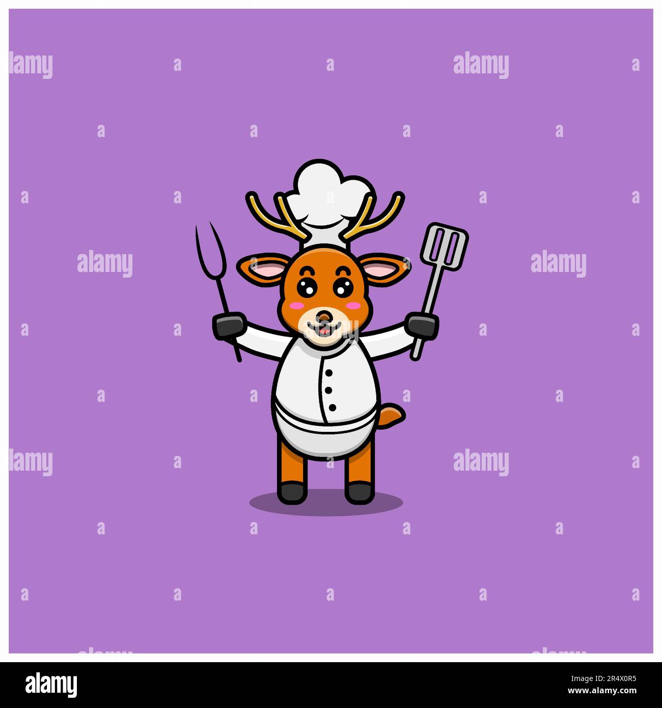 Carino bambino Deer Chef carattere . Personaggio, mascotte, icona e Cute Design. Vettore e illustrazione. Illustrazione Vettoriale