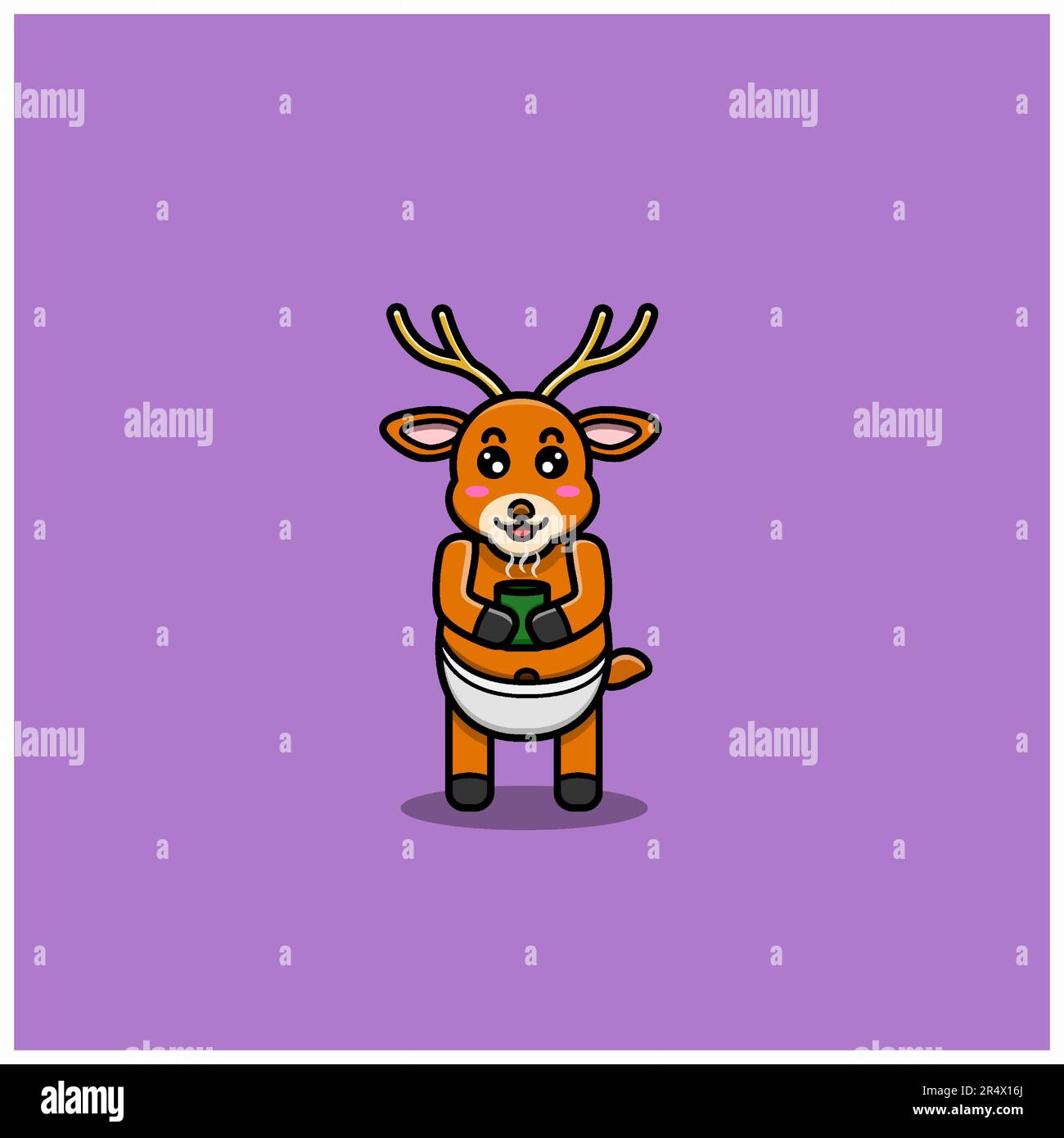 Carino personaggio dei cervi con tazza da tè. Personaggio, mascotte, icona e Cute Design. Vettore e illustrazione. Illustrazione Vettoriale