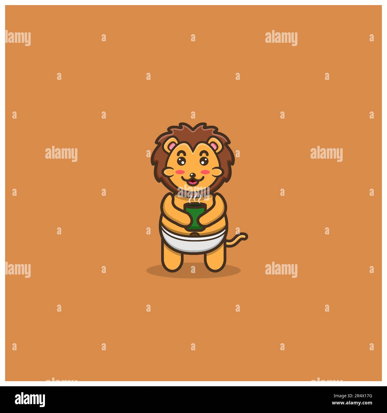 Leone grazioso del bambino con tè. Personaggio, mascotte, icona, Logo, Cartoon e Cute Design. Vettore e illustrazione. Illustrazione Vettoriale