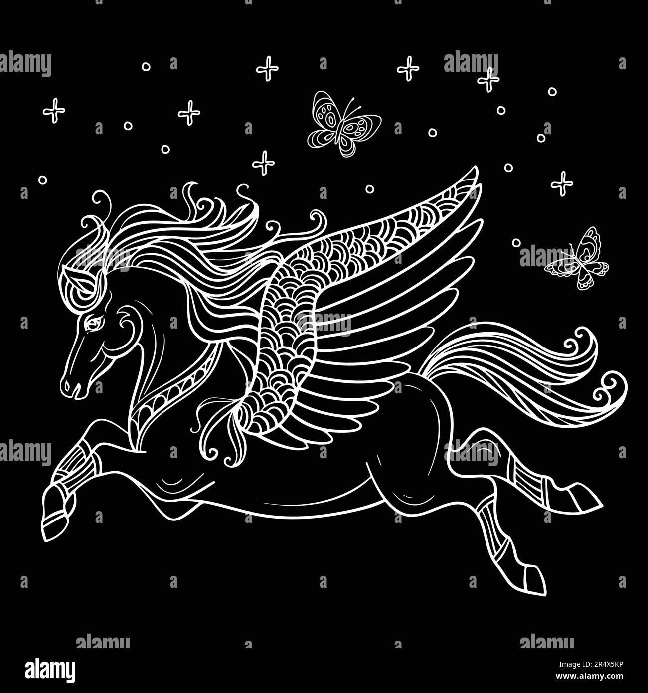 Vettore decorativo doodle ornamentale volo Pegasus. Magic astratto vettore illustrazione contorno bianco isolato su sfondo nero. Per la colorazione di adulti, Illustrazione Vettoriale