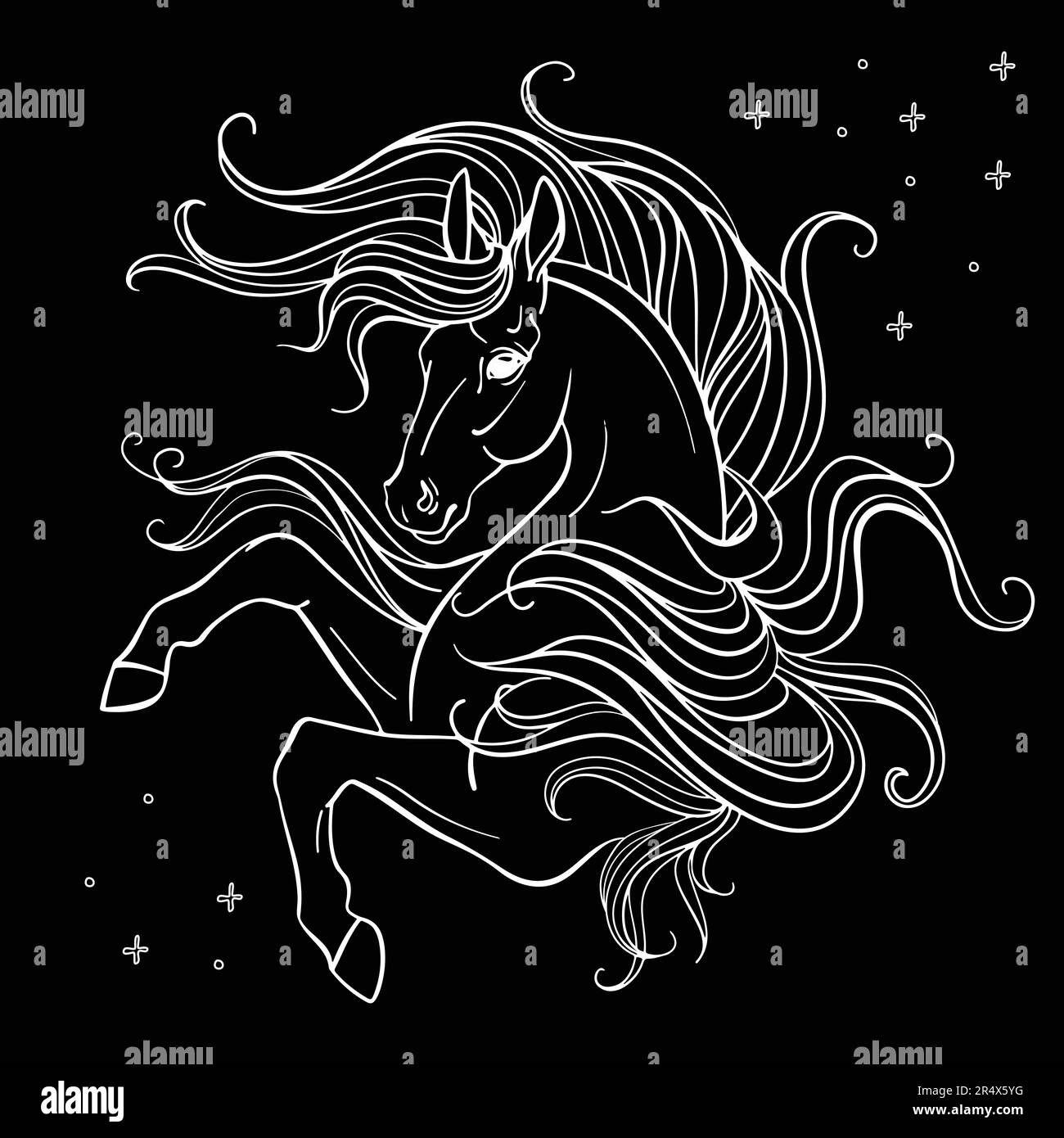 Vettore decorativo doodle testa ornamentale di cavallo magico. Magic astratto vettore illustrazione contorno bianco isolato su sfondo nero. Per colofono adulto Illustrazione Vettoriale
