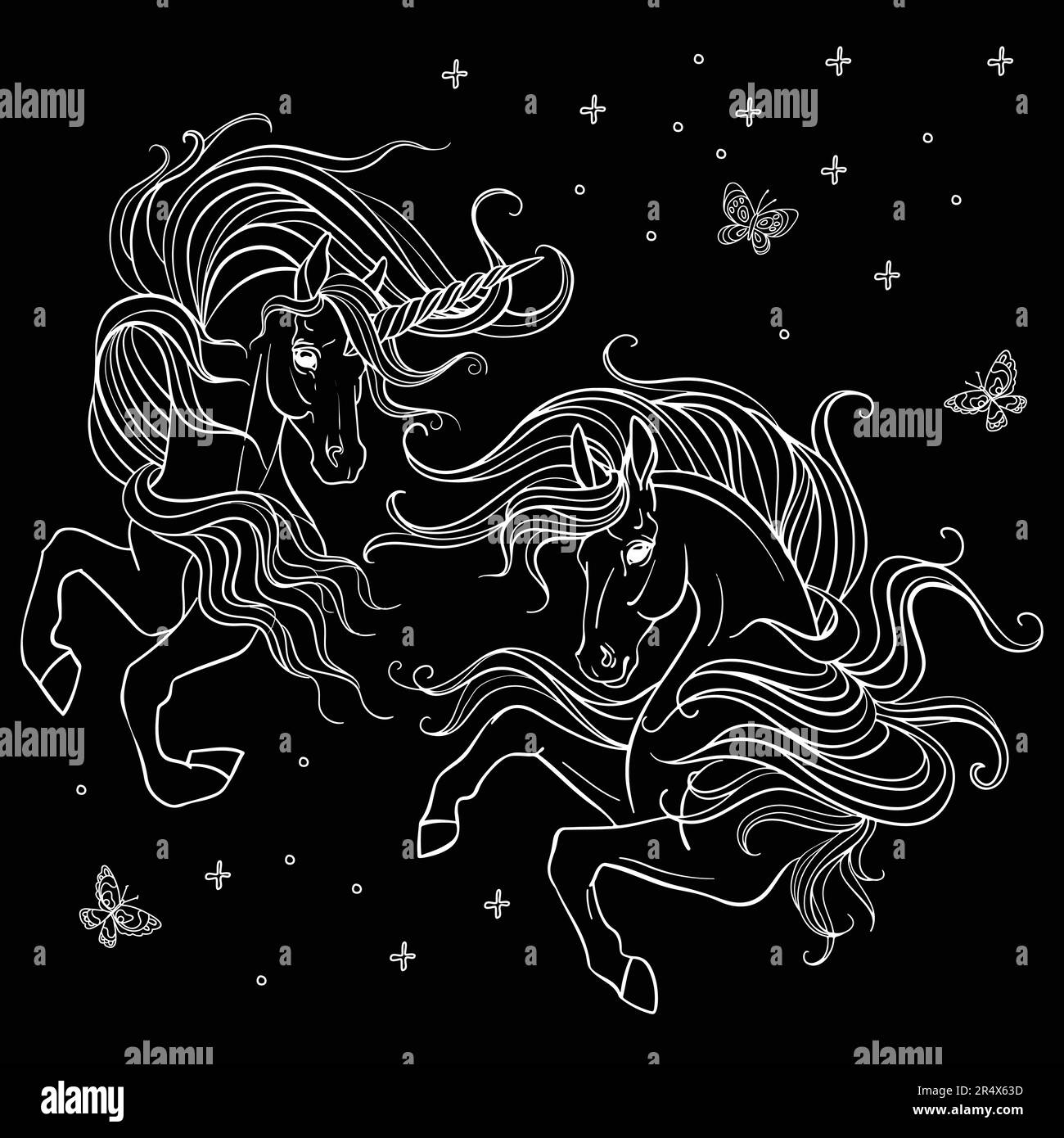 Vettore decorativo doodle ornamentale due teste di unicorni. Magic astratto vettore illustrazione contorno bianco isolato su sfondo nero. Per pazienti adulti con Co Illustrazione Vettoriale