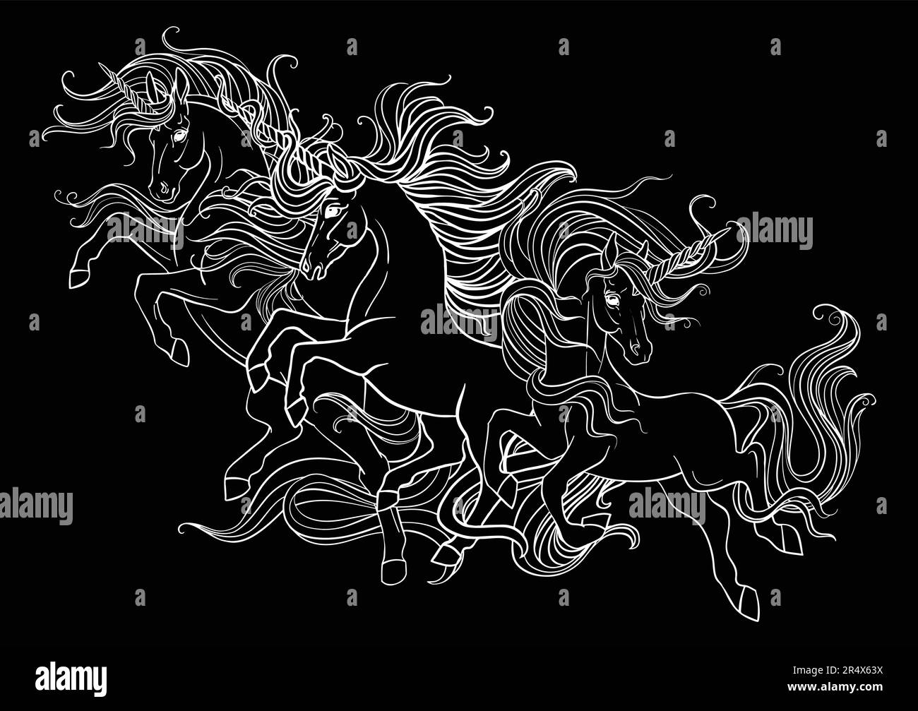 Vettore decorativo doodle ornamentali tre unicorni running. Magic astratto vettore illustrazione contorno bianco isolato su sfondo nero. Per adulti c Illustrazione Vettoriale