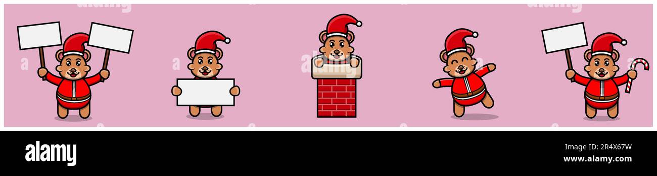 Set di carino Baby Bear personaggio con costume Santa Clause e varie pose. Vettore e illustrazione. Illustrazione Vettoriale