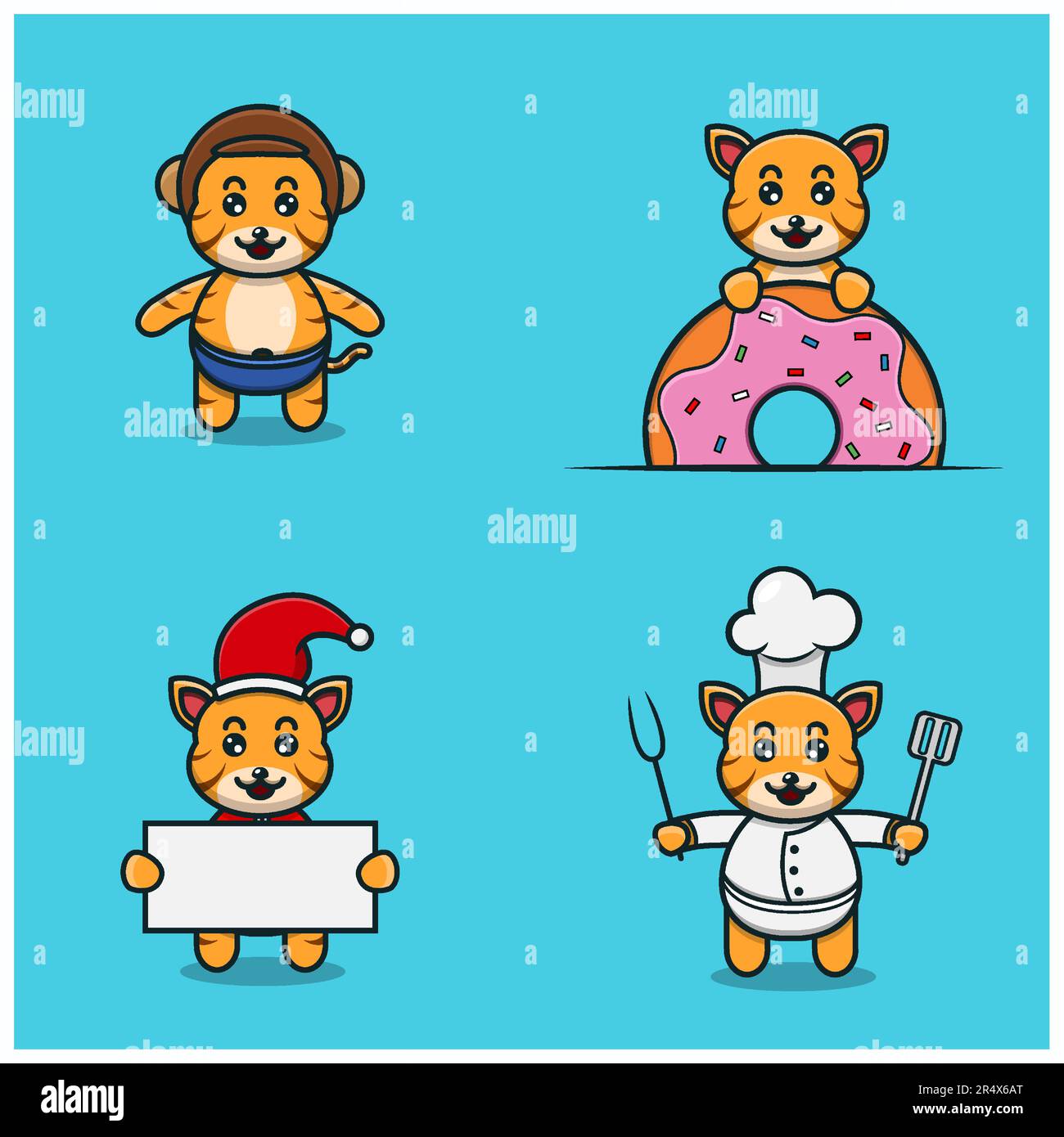 Set di carino personaggio Tiger Baby con varie pose. Indossare casco, su ciambelle, natale e chef. Vettore e illustrazione. Illustrazione Vettoriale