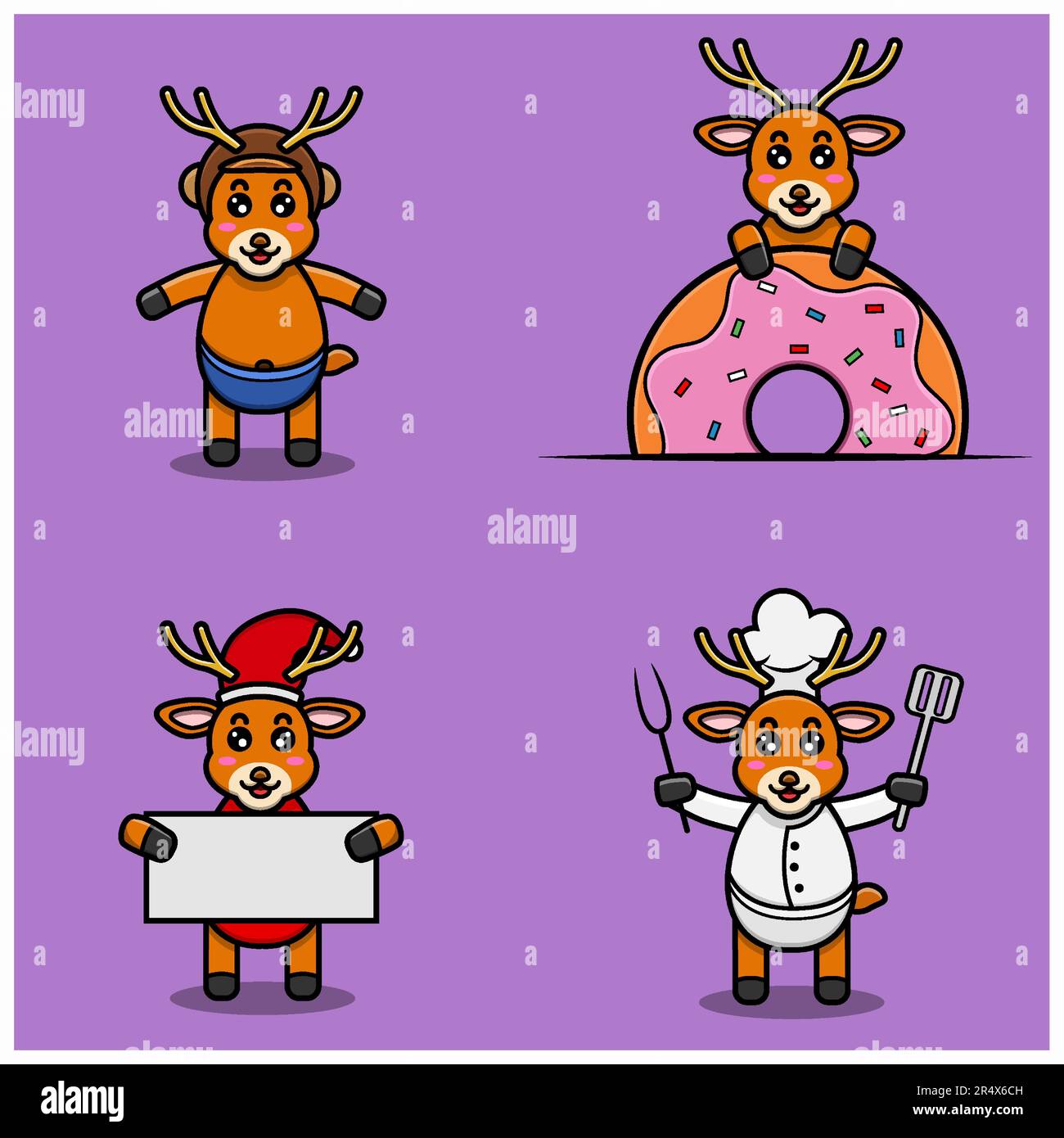 Set di carino bambino cervo con varie pose. Indossare casco, su ciambelle, natale e chef. Vettore e illustrazione. Illustrazione Vettoriale