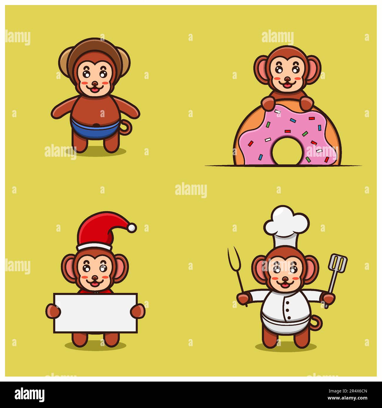Set di personaggi delle scimmie cute Baby con varie pose. Indossare casco, su ciambelle, natale e chef. Vettore e illustrazione. Illustrazione Vettoriale