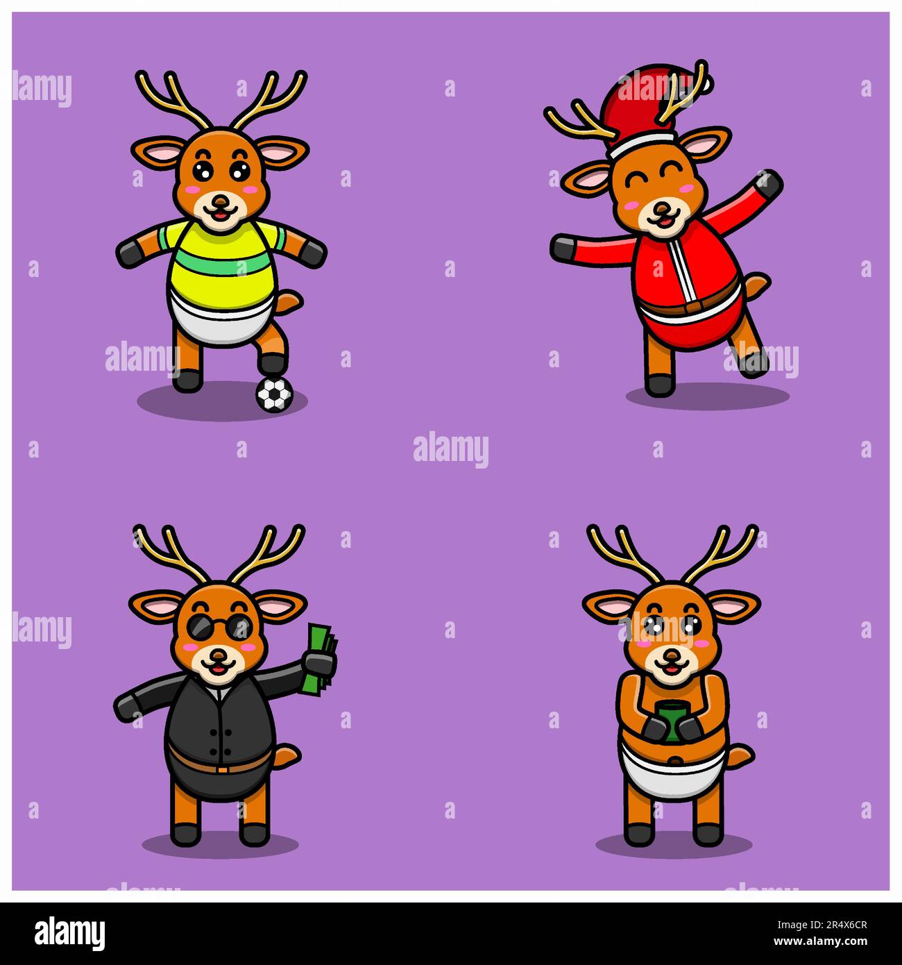 Set di carino bambino cervo con varie pose. Calcio, Natale, Boss e porta il tè Cup. Vettore e illustrazione. Illustrazione Vettoriale