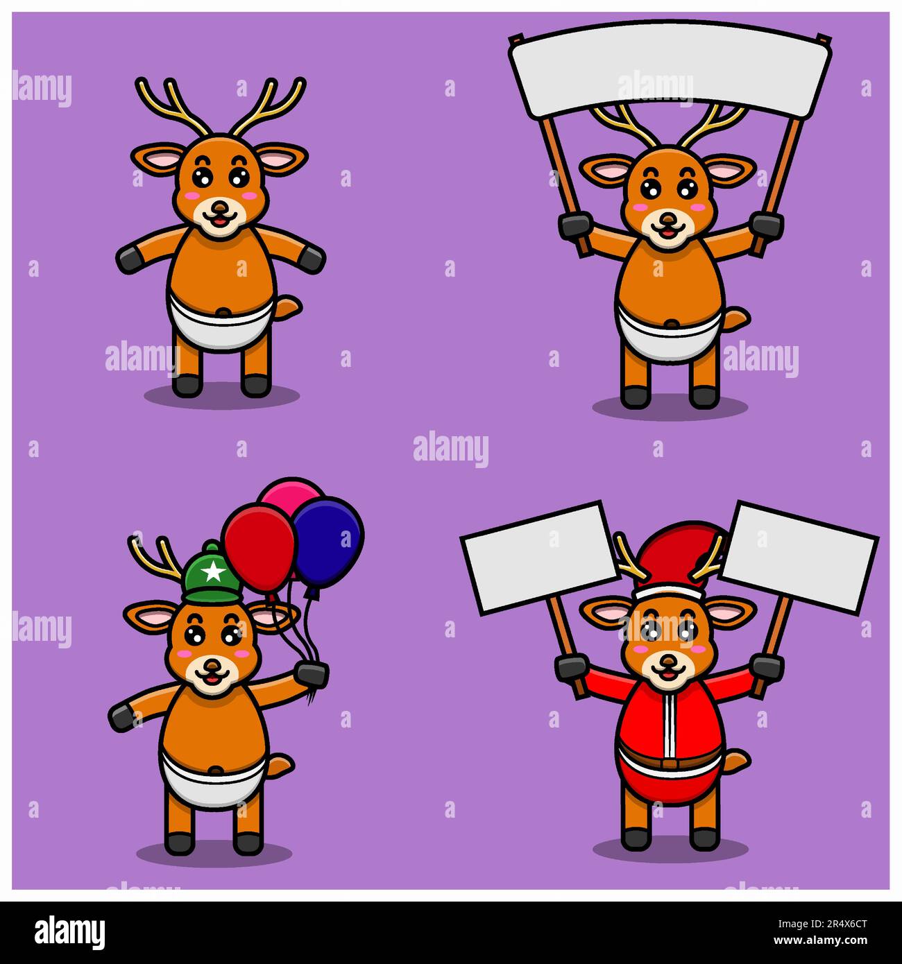 Set di carino bambino cervo con varie pose. Porta banner, palloncini e banner di natale. Vettore e illustrazione. Illustrazione Vettoriale