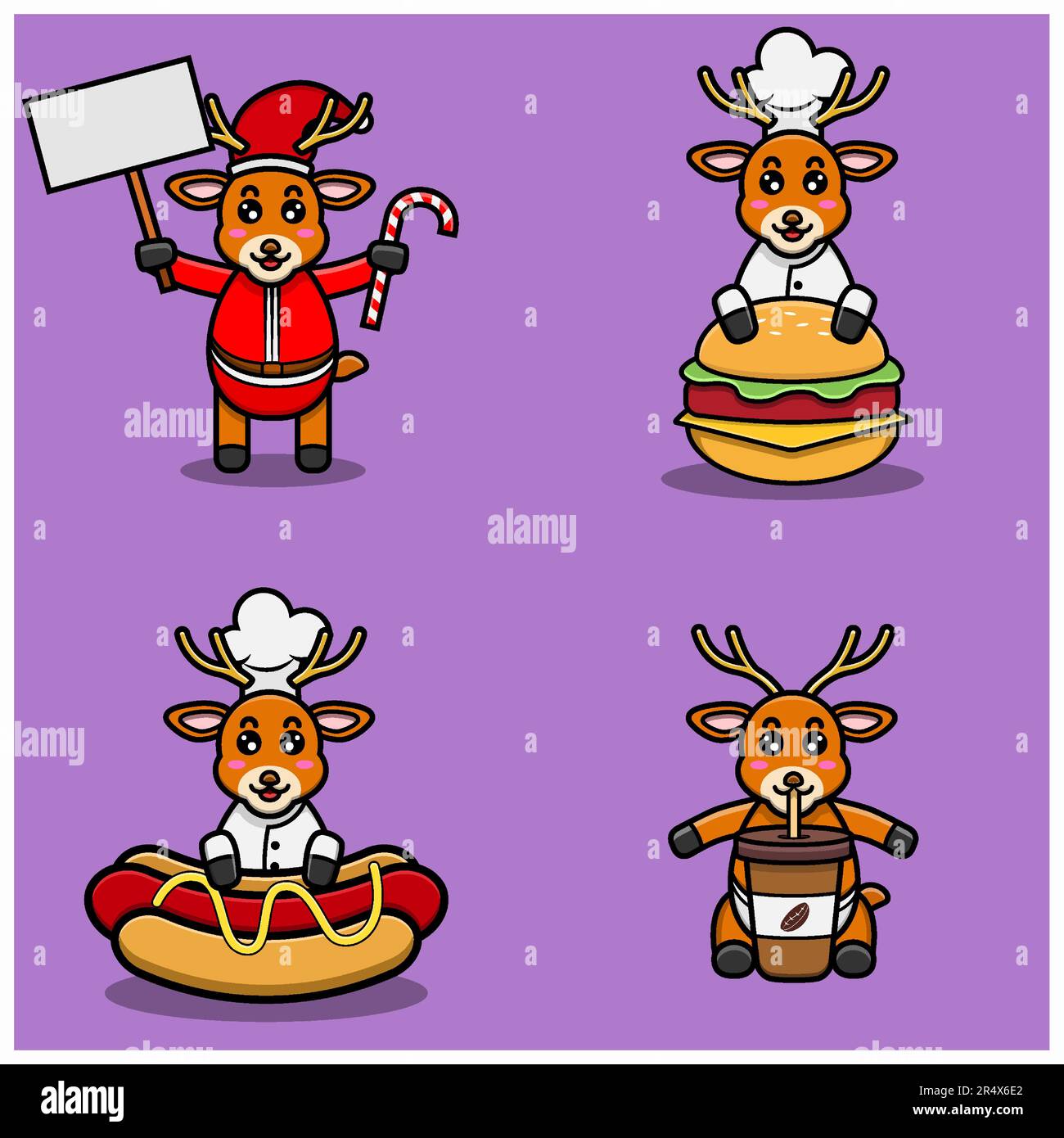Set di carino bambino cervo con varie pose. Natale, Chef on Burger, Hot Dog e on Coffee Cup. Vettore e illustrazione. Illustrazione Vettoriale