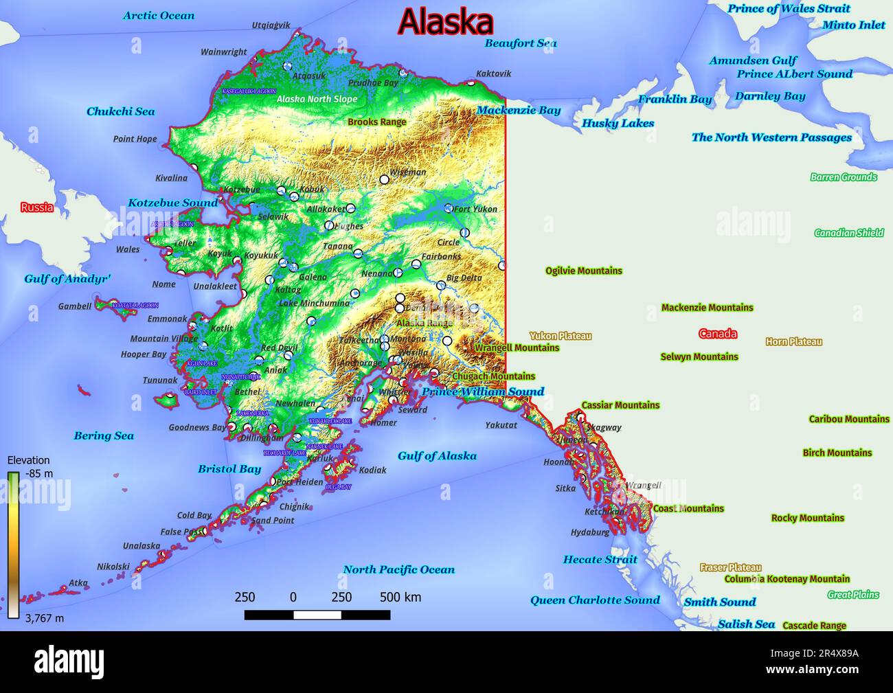 La mappa fisica dell'Alaska rivela un terreno accidentato e variegato con vaste catene montuose, ghiacciai e estese foreste. La sua costa è fiancheggiata Foto Stock