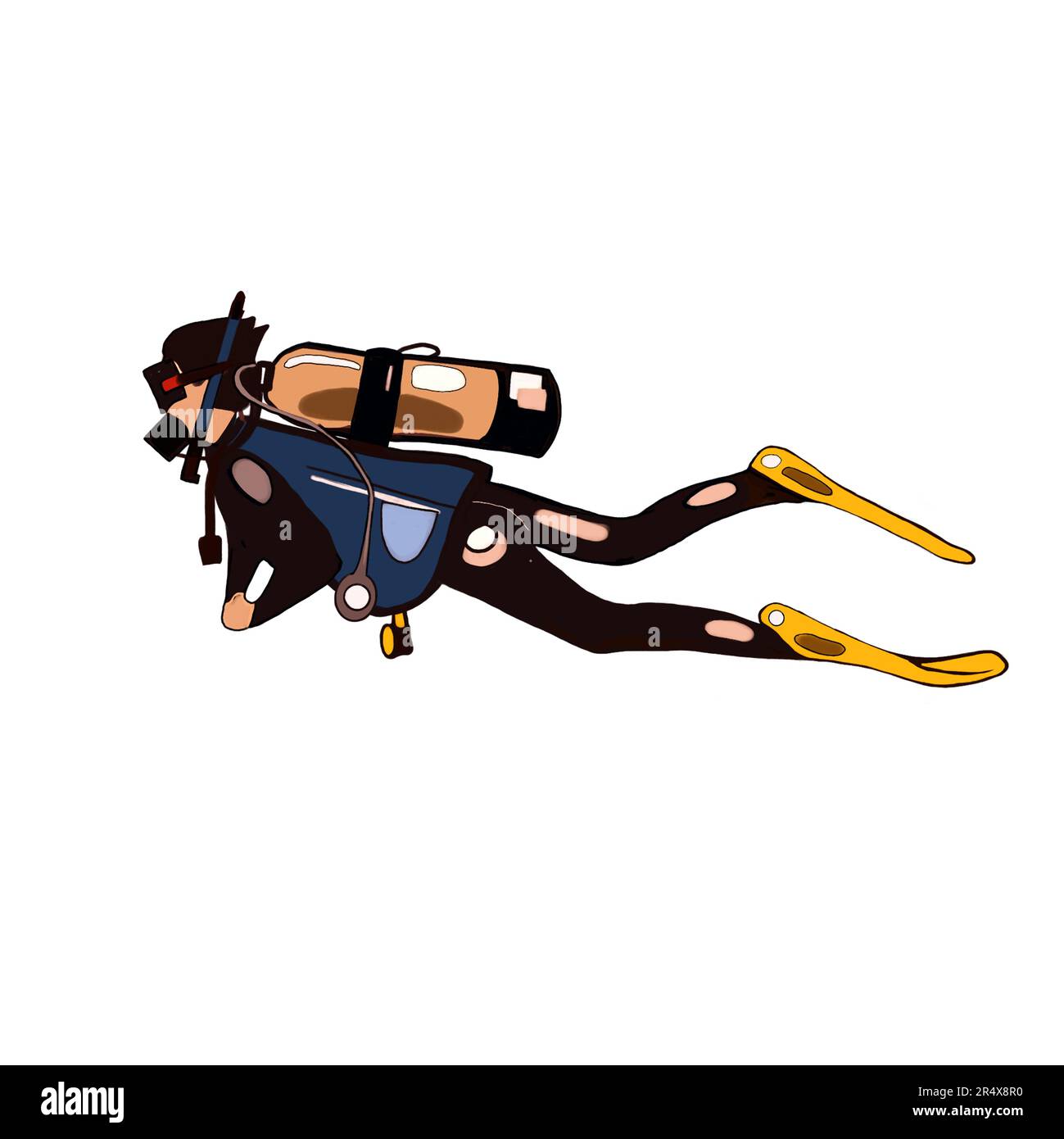 scuba subacqueo in pinne, isolano su uno sfondo bianco, le lustrazioni sono disegnate su uno sfondo blu. Disegnato a mano. per la progettazione di cartoline, opuscoli, Foto Stock