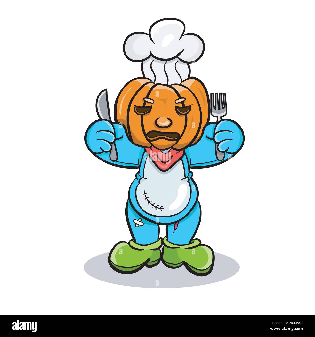 Zucca Doll personaggio chef con forchetta e coltello. Clip vettoriale art Vettore e illustrazione. Illustrazione Vettoriale