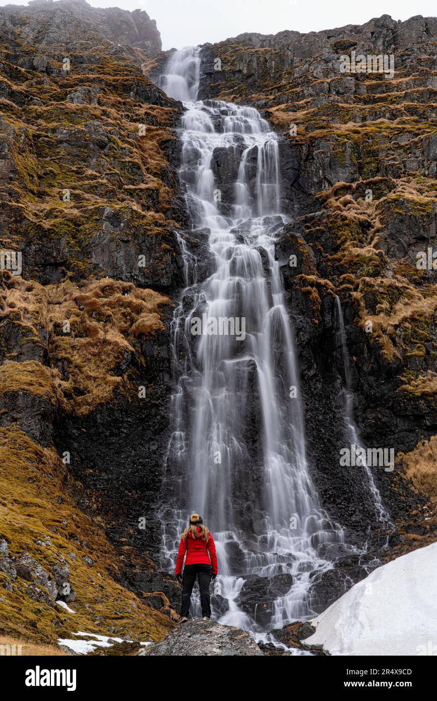 Vista da dietro di una donna in piedi di fronte a una cascata lungo la costa di Strandir vicino alla città di Djupavik, a nord-ovest dell'Islanda Foto Stock
