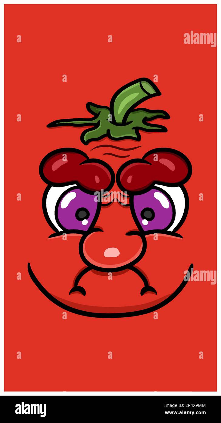 Carino cartoon Rosso pomodori faccia con espressione divertente. Sfondo poster vettoriale. Vettore e illustrazione. Illustrazione Vettoriale